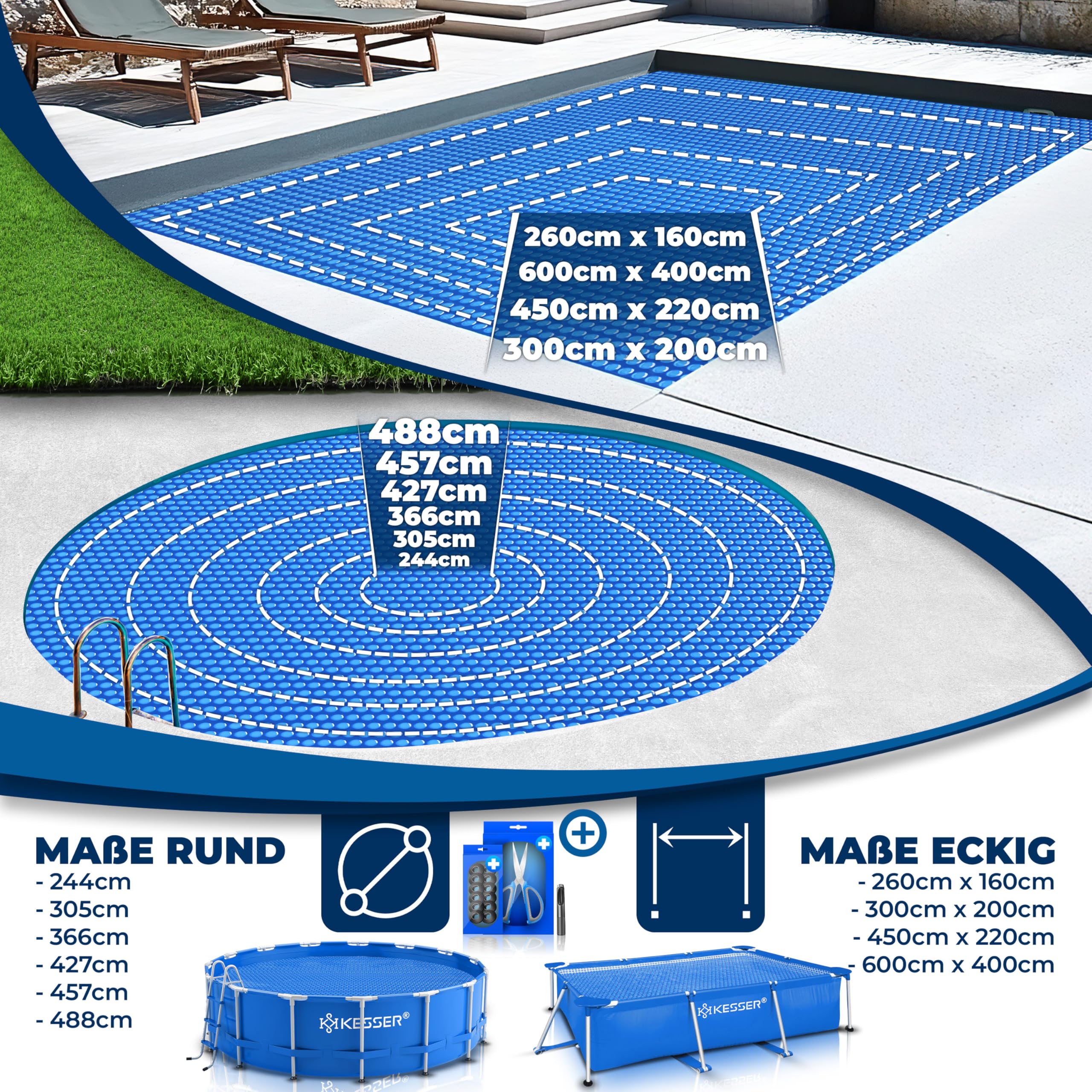 KESSER® Film solaire de piscine 400 µm, Bâche solaire rectangulaire 450 x 220 cm, Bâche de protection solaire flexible à découper, Bâche de piscine pour chauffage de l'eau, Couverture solaire avec