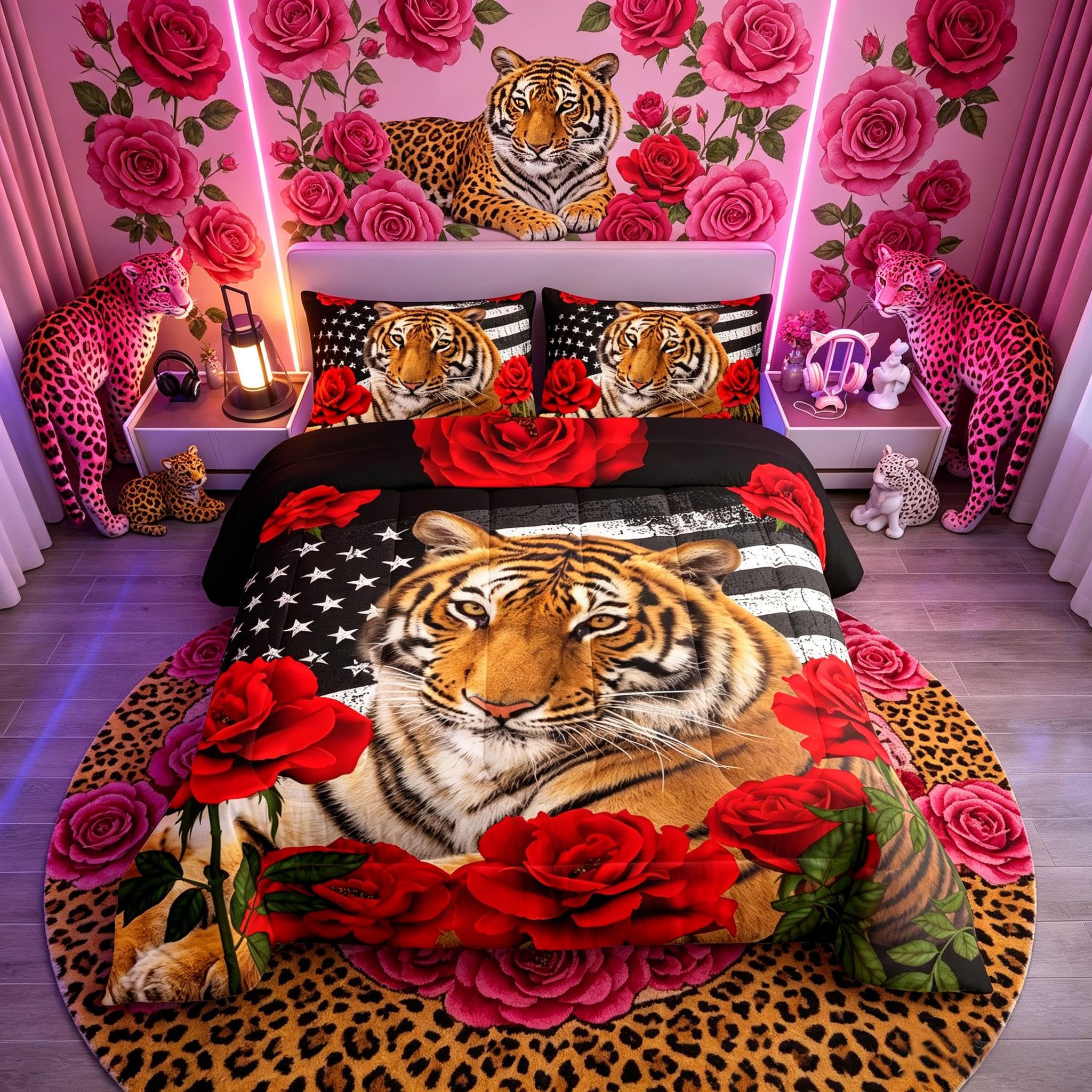 Parure de lit double tigre floral ultra douce contre le sommeil agité