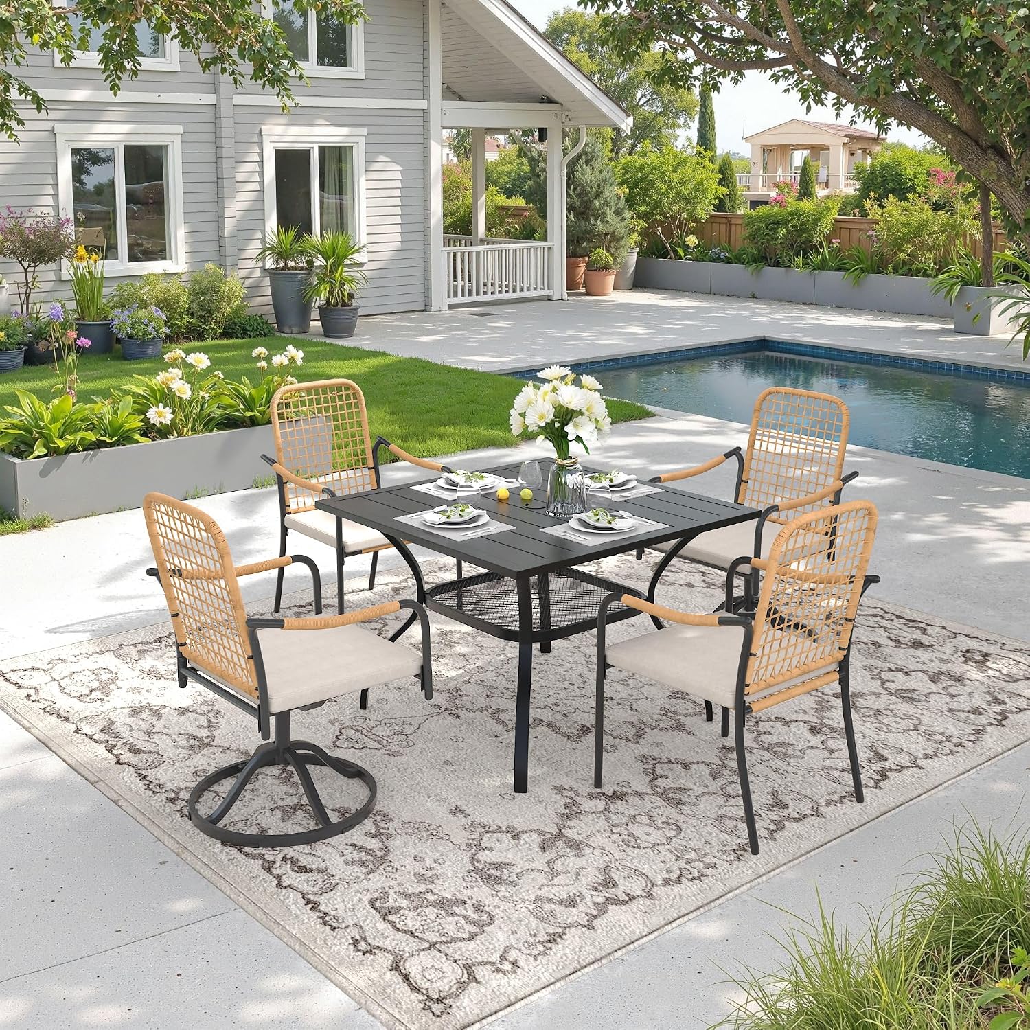 DIFY 5 Pieces Outdoor Dining Set for 4, 37.8" Black Square Metal Table with 2 Stackable Wicker Patio Chairs & 2 Swivel Chairs, Patio Furniture Set with Cushions and Umbrella Hole, Wheat Rattan
