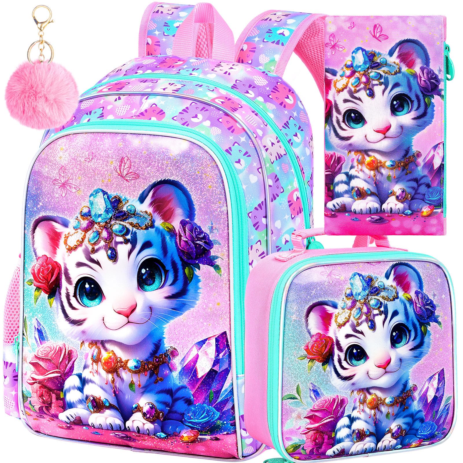 FTJCF 16" Girls Backpack, 16" Kids Bookbag with Lunch Box，Tiger School Backpacks for Elementary Preschool Kindergarten (Pink)