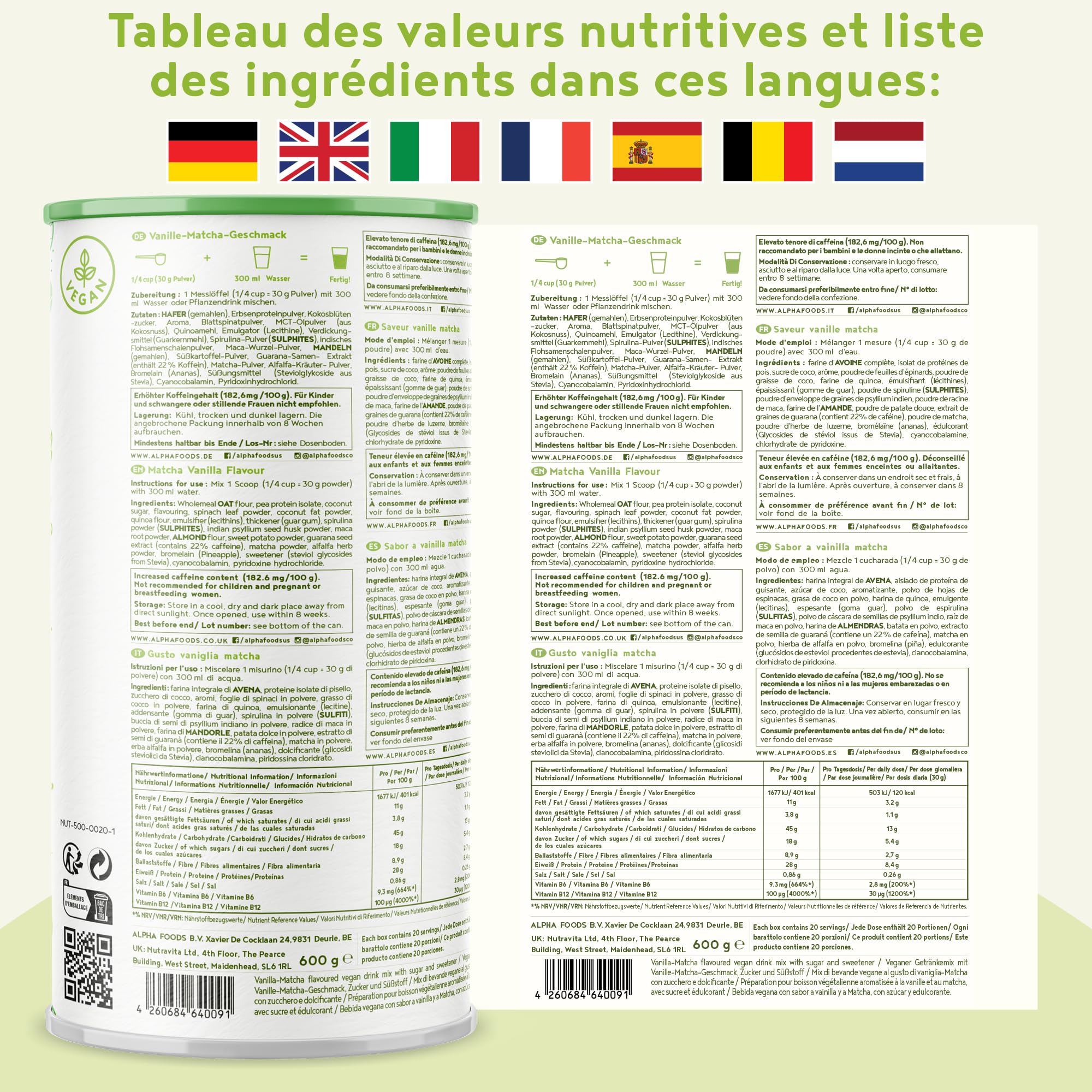 Morning Fuel | Mélange Vanille et Matcha pour le petit-déjeuner | Proteine vegetale de pois germés, quinoa, avoine, algues, alfalfa, épinards, maca, spiruline | vit. B6 + B12 | 600gr | Alpha Foods