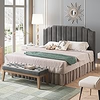 Vista 3 de Cabecera tapizada en terciopelo de lujo, cabecera capitonada moderna para cama KingCal King, diseño de canal vertical, cabecera curvada de madera