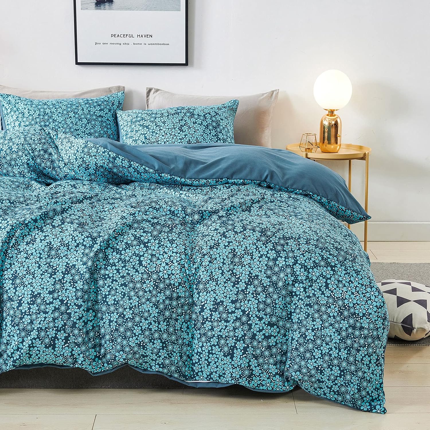 HoneiLife Duvet Cover Queen Size - Ultrafine Fiber Comforter Cover, Super Soft Bedding Sets Thickened Microfiber Duvet Cover Set, Floral Comforter Set All Season Use, 3 Piece-Wildflower,Peacock Blue