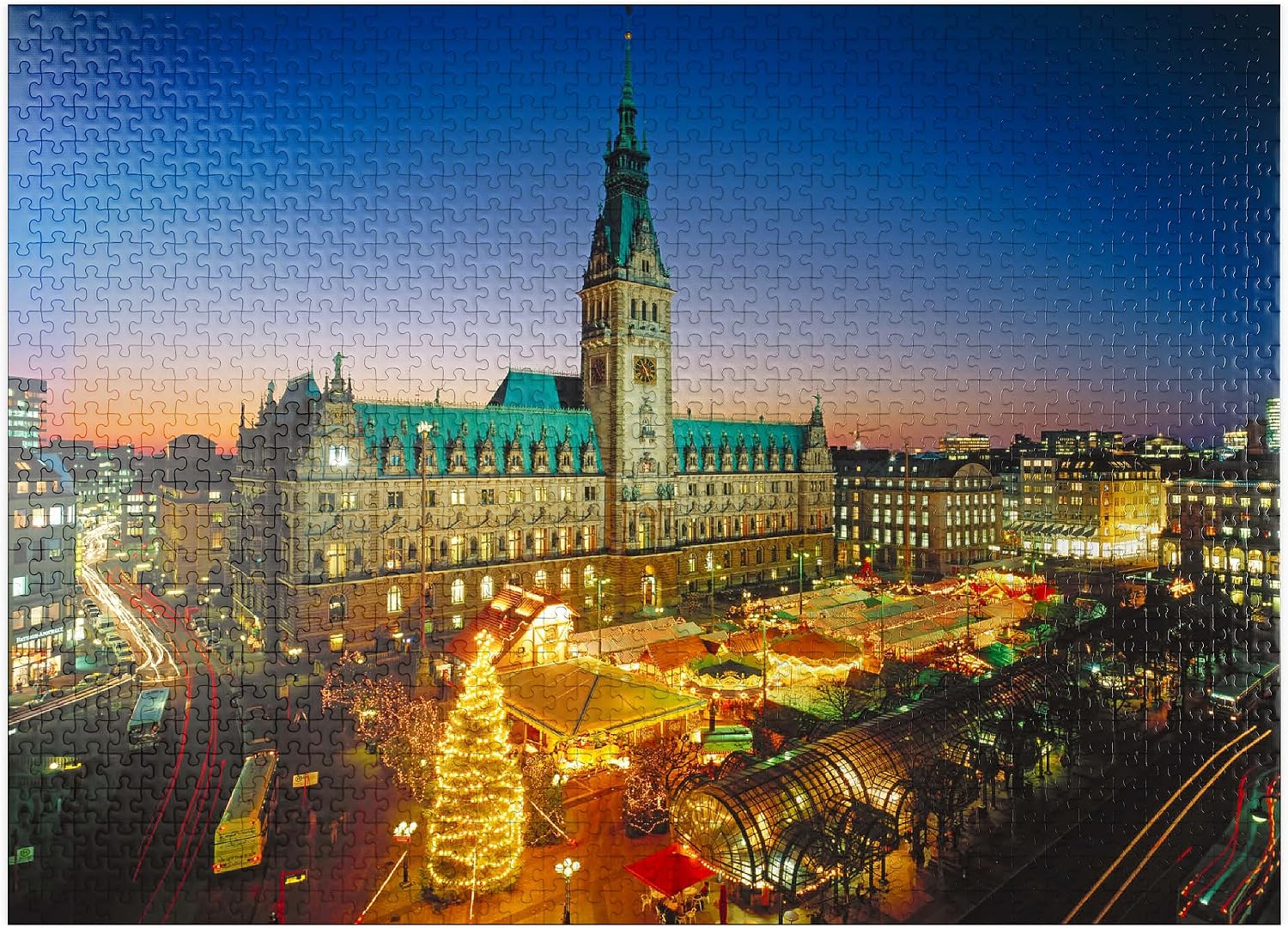 MyPuzzle Christmas Market At The Town Hall Square with Town Hall, Hamburg - Premium 500 Piece Jigsaw Puzzle for Adults
