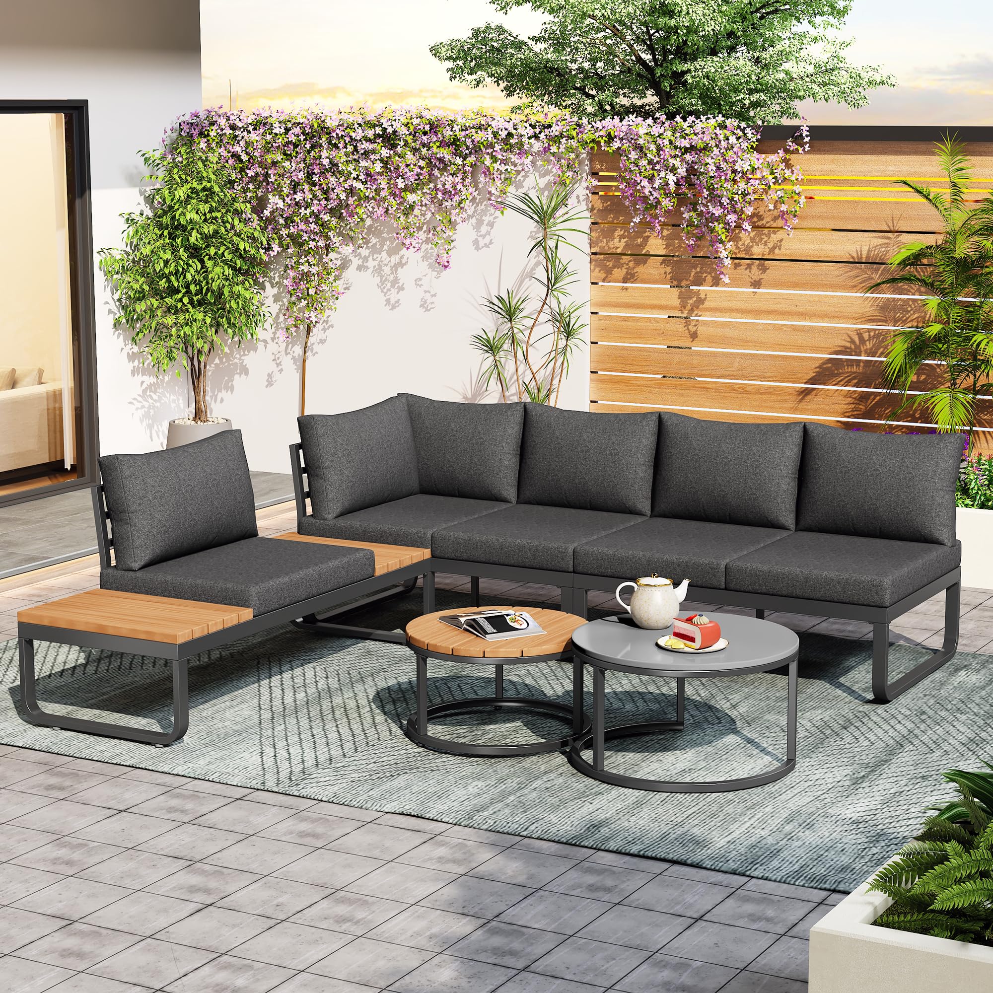 Muebles Jardin Exterior de 5 Piezas con 2 Mesas y Cojín Suave, Sofa Terraza Exterior para 4-5 Personas, Conjunto Jardin Exterior con Patas Ajustables y Mesita Auxiliar, Estructura Metal, Gris