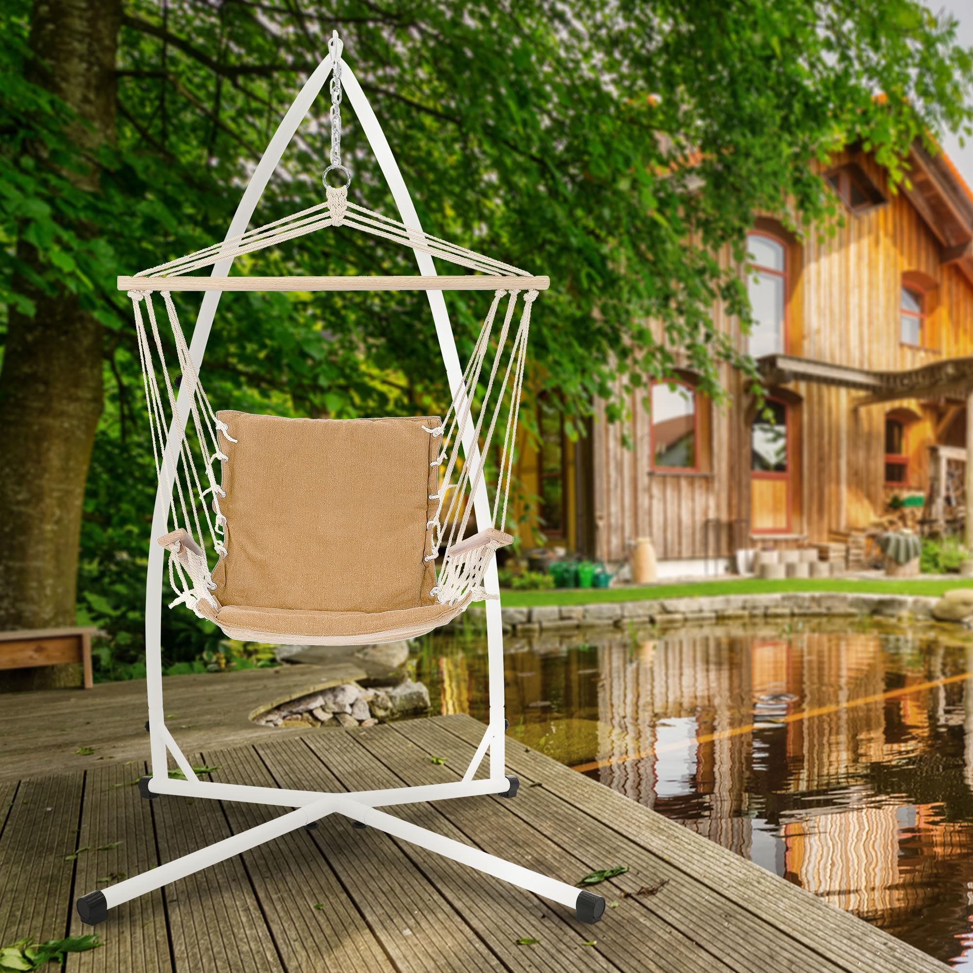 ECD Germany Silla Colgante con Soporte 208 cm, Hamaca de Algodón Terracota, 2 Cojines, hasta 120 kg Columpio con Armazón de Metal, Asiento Colgante de Interior/Exterior Ideal para Jardín o Terrraza