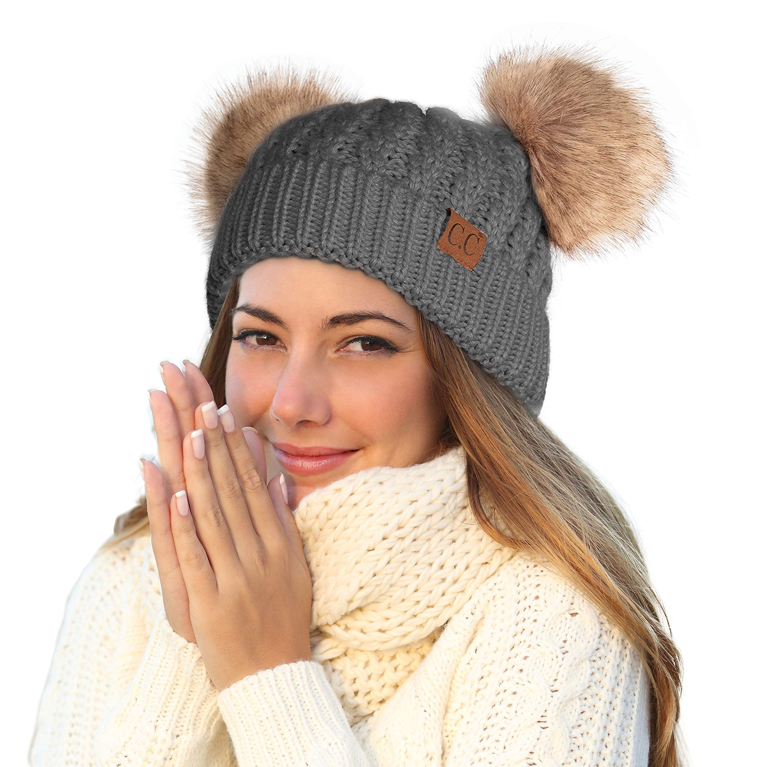 C.CC.C Hatsandscarf Exclusives Cable Knit Double Pom Winter Beanie (HAT-2055)(HAT-23)