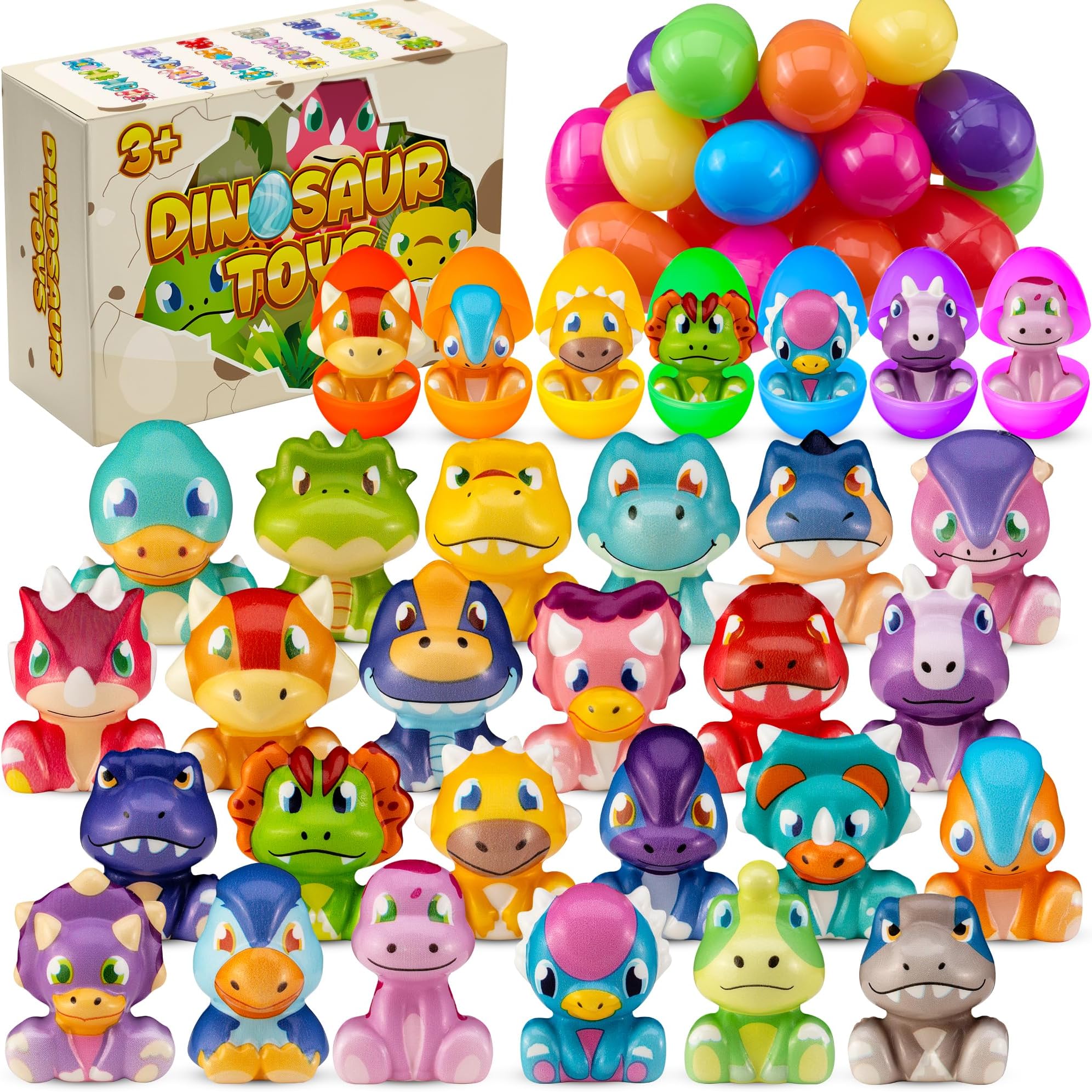 24 Pack Filled Easter Eggs for Kids Prefilled Egg Fillers Squishy Toys Stuffed Easters Gifts Basket Stuffers for Kids Girls Toddlers Boys Easters Egg Hunt Party Favors Dinosaur (Easter Dinosaur)