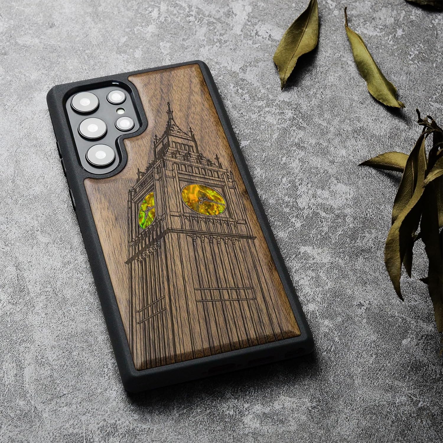 Carveit Designer Wooden Cover for Samsung Galaxy S22 Ultra Case [Wood Engraving & Shell Inlay] Compatible with Wireless Chargers S22 Ultra (Big Ben of London-Walnut)