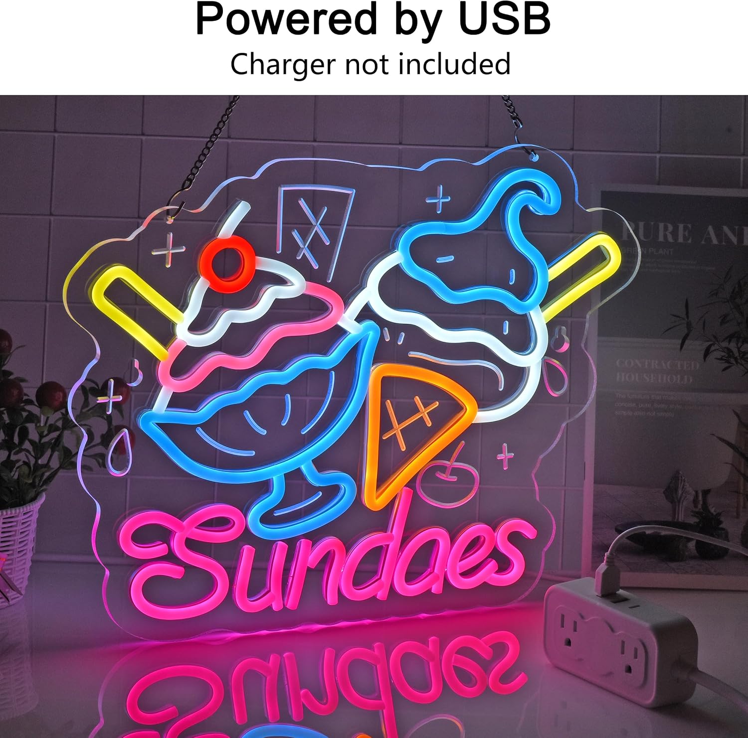 Sundaes Neon Sign, Neon Lights Hanging Wall Art Decoration for Ice Cream Dessert Shop Café Yogurt Store Summer-themed Event Home Decor, USB Powered Ultra Bright Dimmable, 15.75×12.2inches