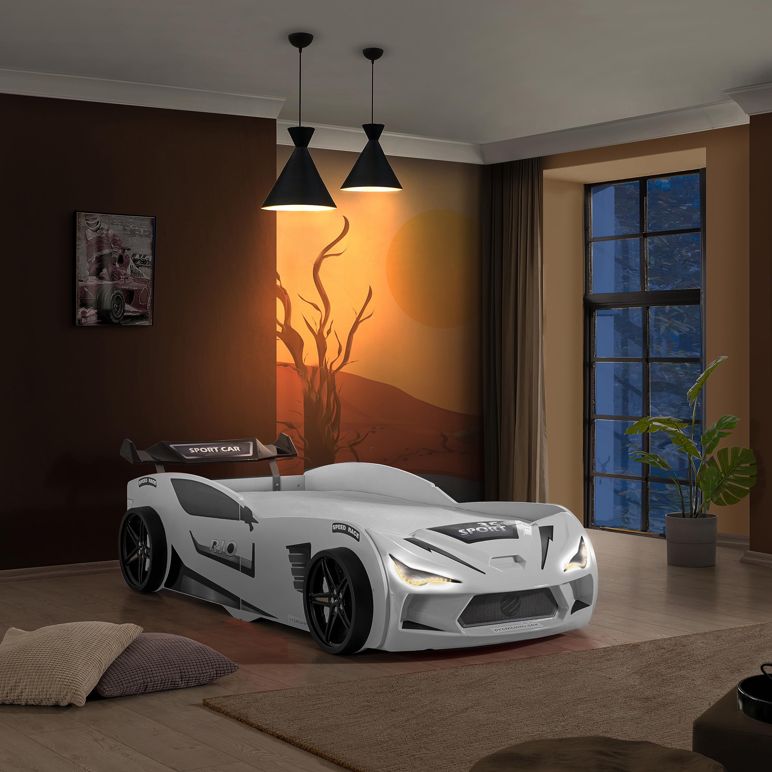 Autobett Kinder Kinderbett Rio 90x200 Rennwagenbett inkl. Lattenrost LED-Leuchte Spoiler (ohne Matratze, Weiß ohne Sportsitze)