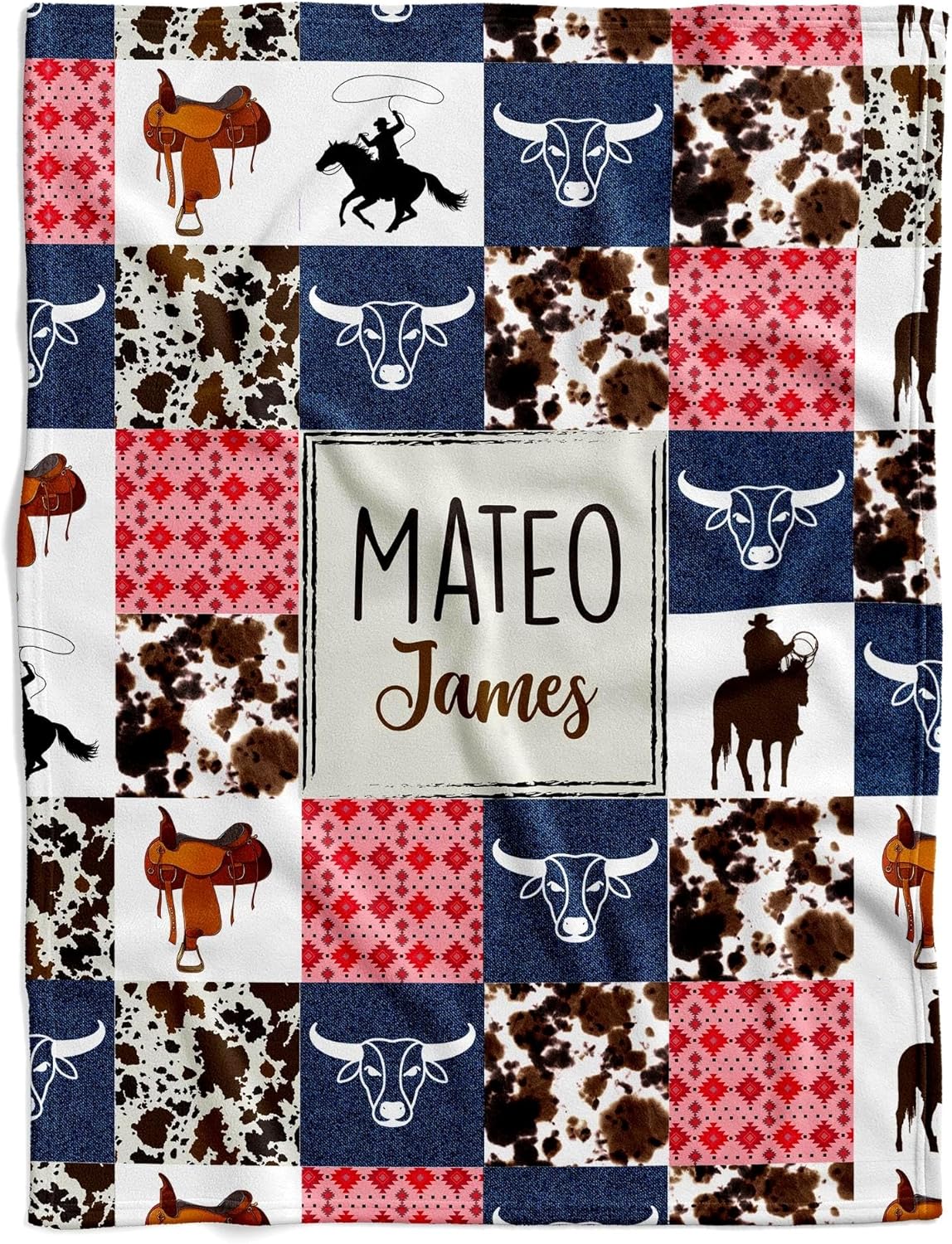 Personalized Cowboy Baby Blanket, Western Cattle & Rodeo Infant Quilt, Custom Farm Animal Nursery Bedding, Soft Rustic Ranch Swaddle Wrap, Unique Country Western Baby Comforter