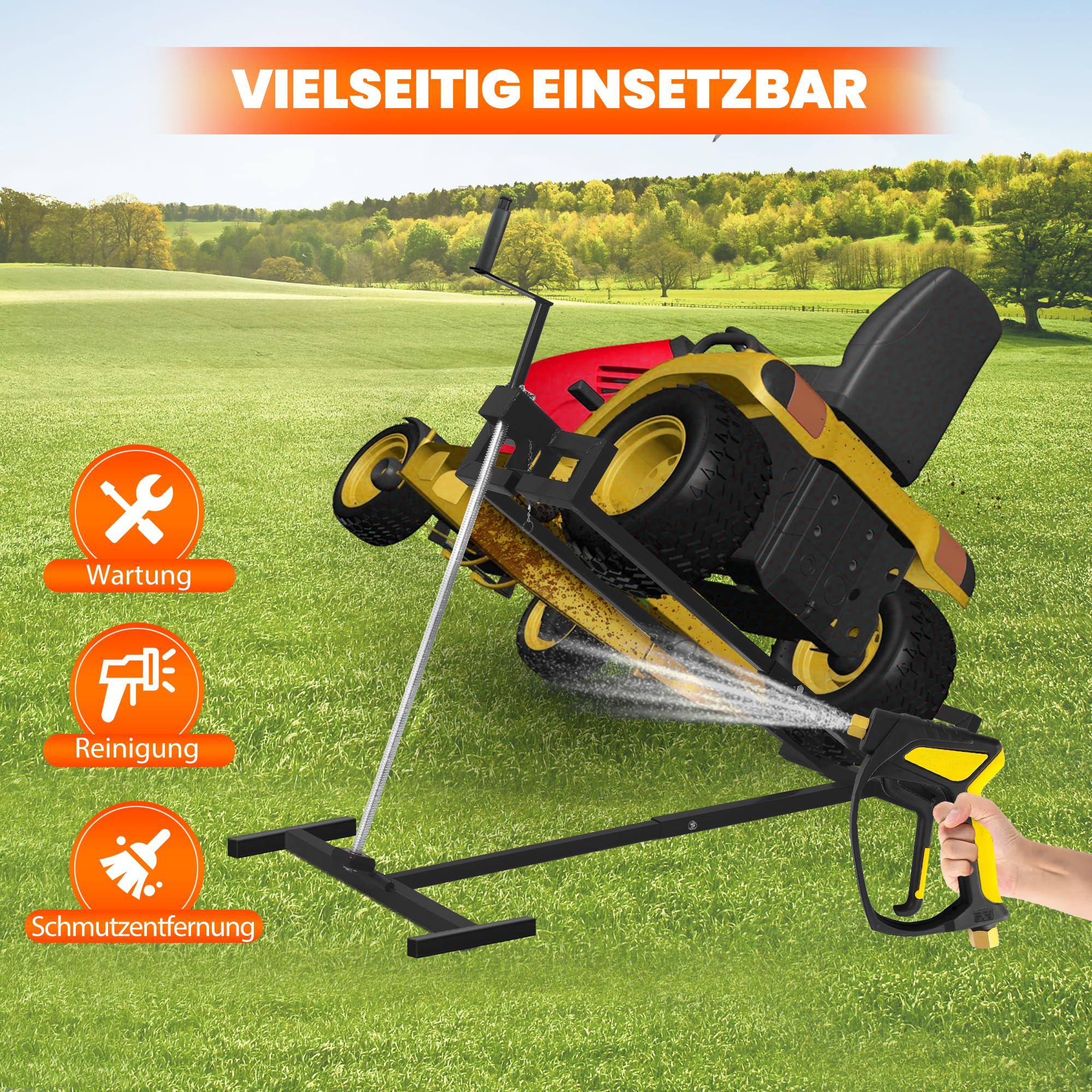 Rasentraktorheber, faltbare Schwerlast-Hebebühne aus Stahl für Rasenmäher, 400 kg Hubkraft, teleskopierbarer Wartungswagen mit Griff für manuellen und Elektrowerkzeug-Einsatz (Schwarz)