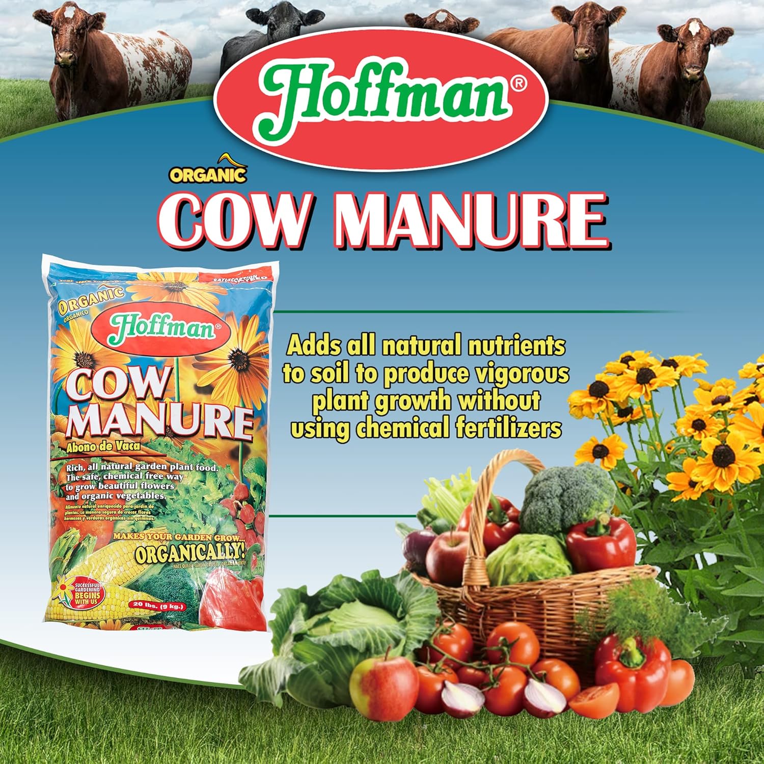 Hoffman Organic Cow Manure Vegetable and Flower Garden Fertilizer, 1-1-1 Formulation, 20lbs