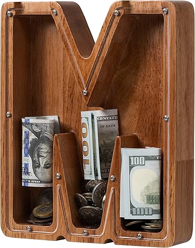 Alcancía para niños y niñas, alcancía de madera con letra grande del alfabeto con inicial M, banco de monedas, regalos divertidos para cumpleaños,