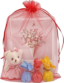 Jexila 50 Pack Red Organza Gift Bags 8X12 inch Mesh Christmas Drawstring Gift Pouch for Wedding Party Favor Christmas Goody Treat Bags