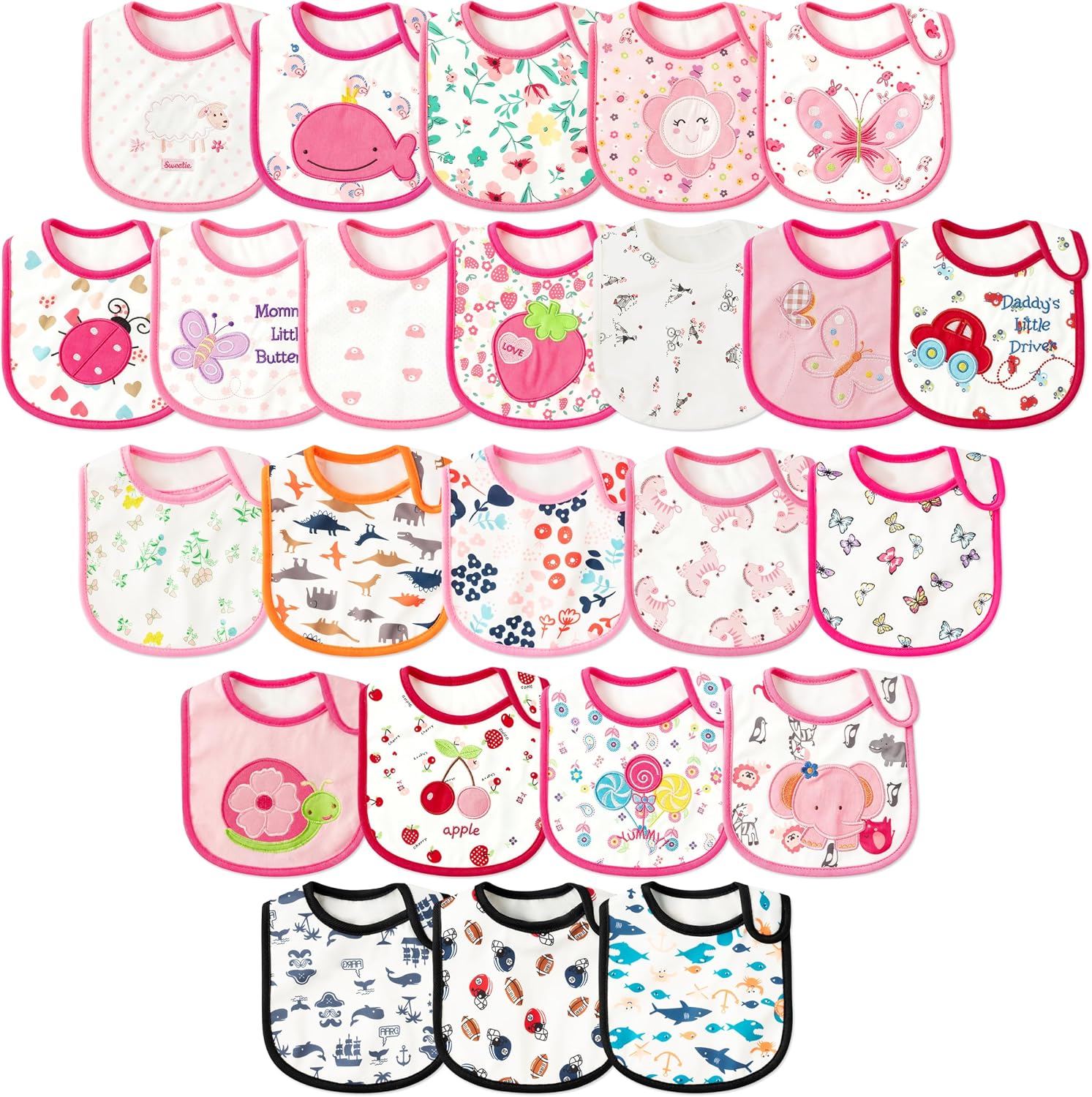 Cotton Waterproof Baby Bibs - 24Pcs Adjustable Hook Loop Closure Bib for Feeding Teething Drooling Eating, 6-12 Months