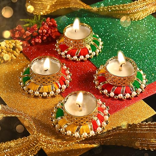 Miniatura 2 de Juego de 4 anillos de yute con cuentas Moti en T, portavelas portavelas en T, portavelas para luces en T, accesorios de decoración para bodas y el