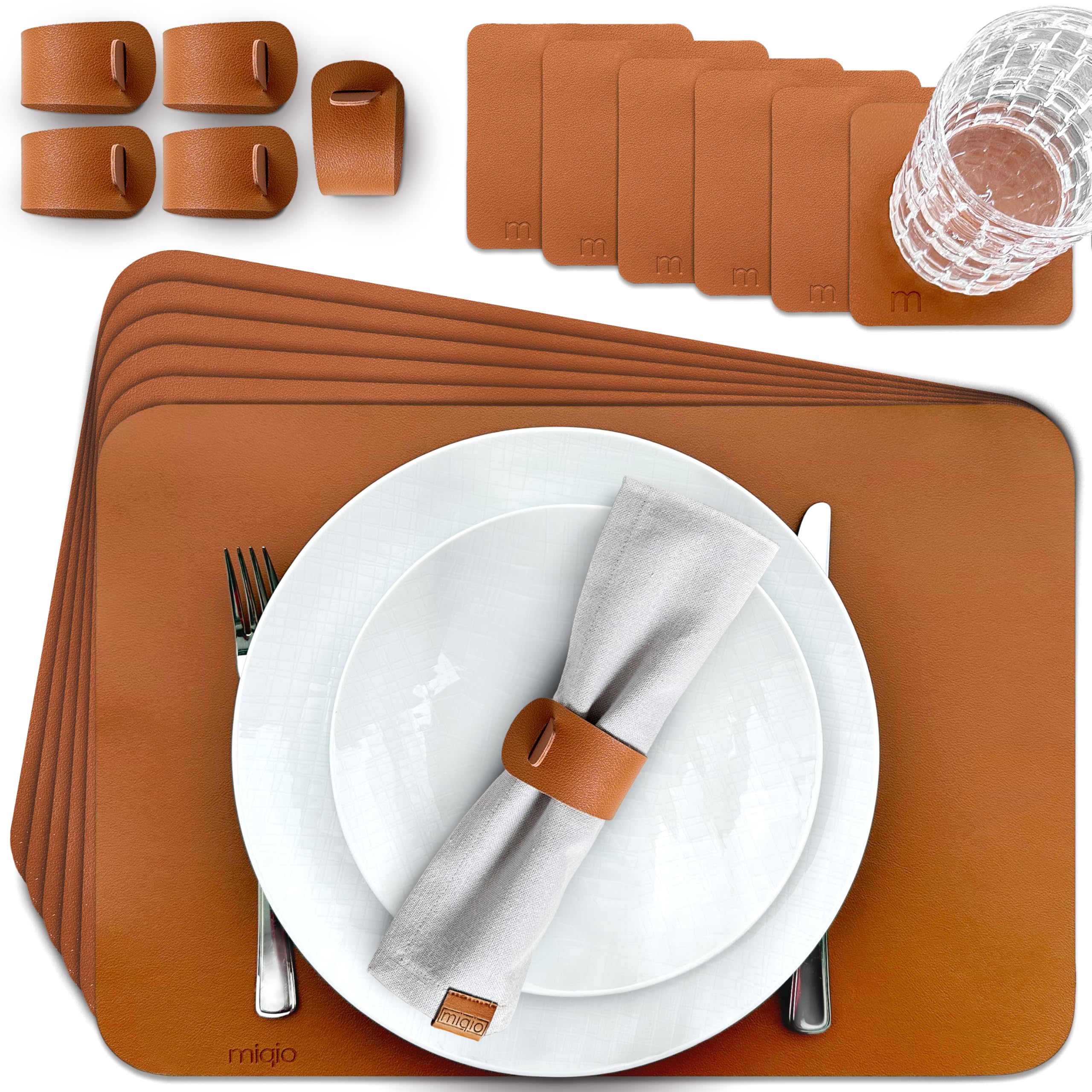 MIQIO Faux Leather Place Mats - Set of 18 Table Coasters - Leather Place Mats Washable - 6 Placemats, Glass Coasters, Napkin Rings | Cognac | Rectangular