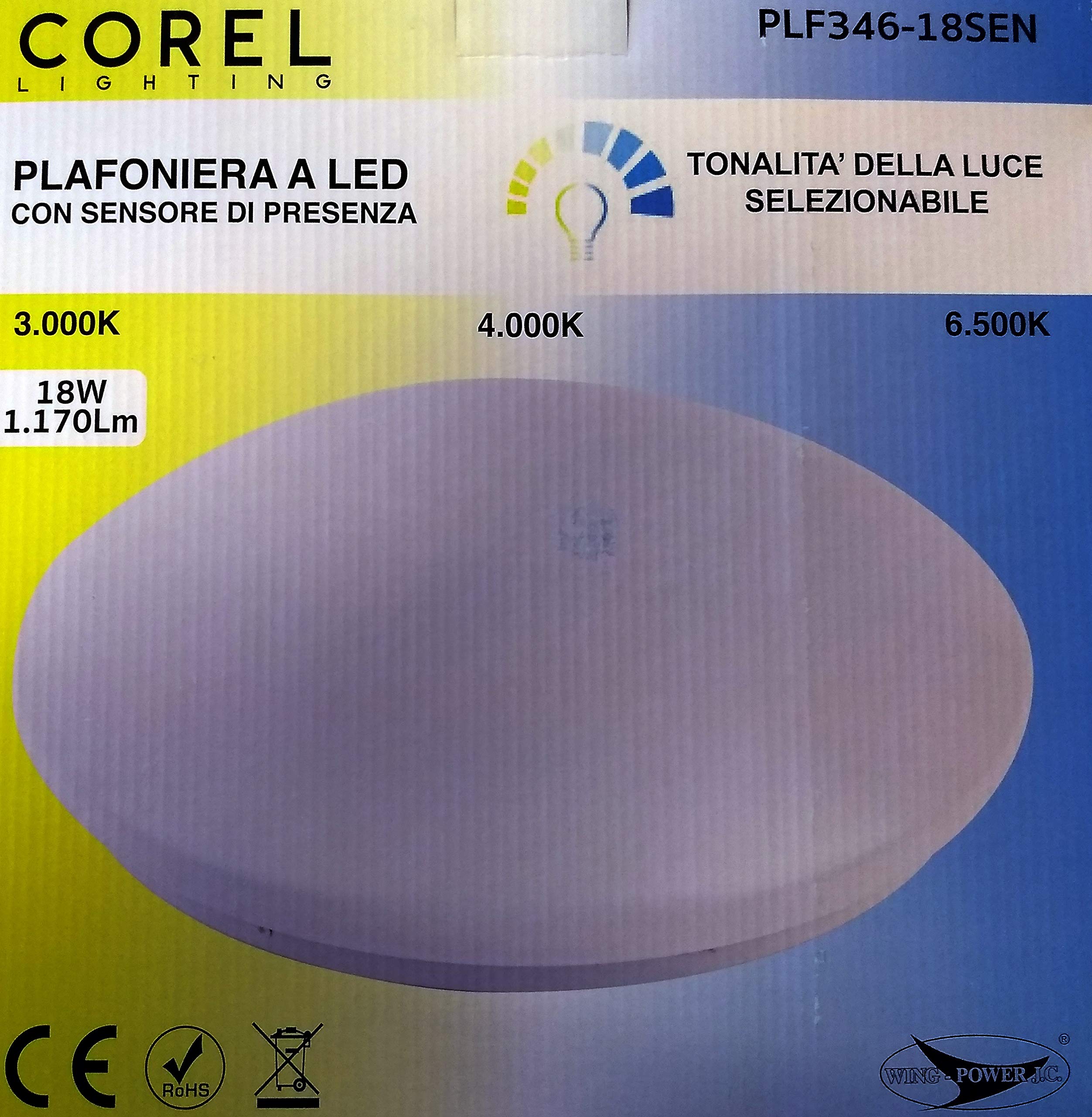 COREL PLAFONIERA A LED PLF346-18SEN 18 W 1170 LM 100X330 MM SENSORE DI PRESENZA - TONALITA' LUCE SELEZIONABILE