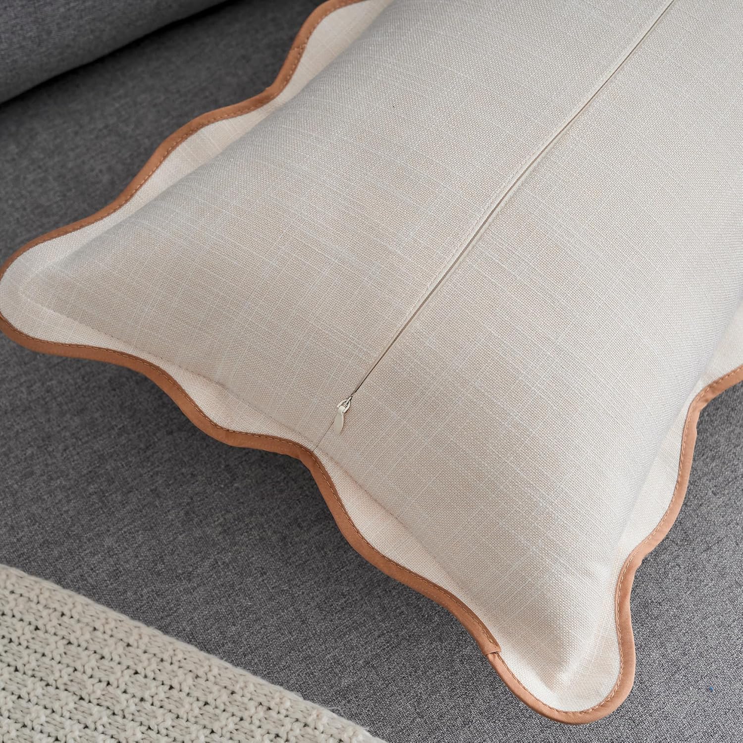 Scalloped Throw Pillow Covers 12x20 Inch Set of 2, Cotton & Linen, Boho Sytle Decorative Couch Bed for Living Room (Beige Pillow & Brown Edge) - Image 5
