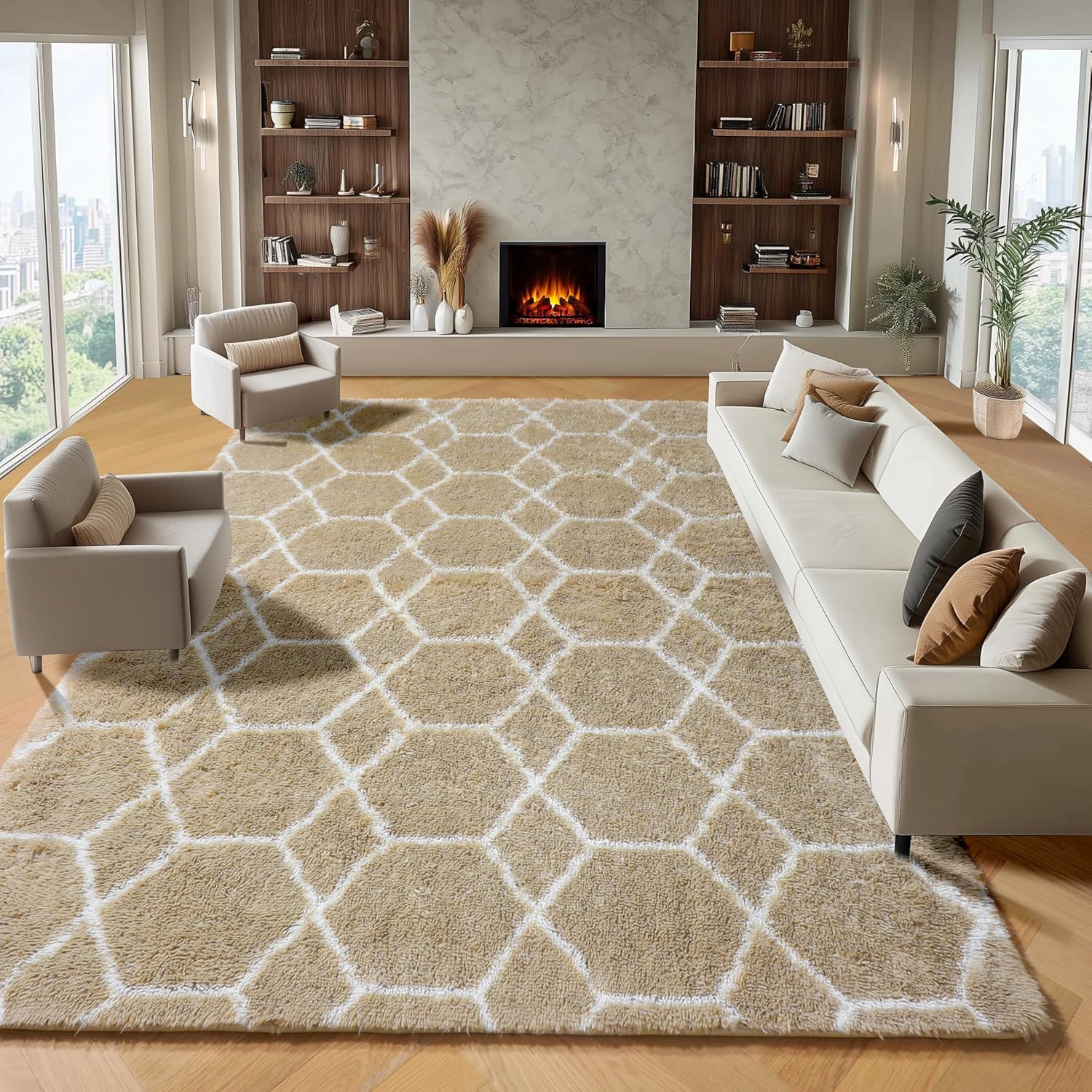ONASAR 8x10 Area Rugs for Living Room, Fluffy Beige and White Bedroom Rug, Washable Geometric Boho Large Soft Plush Shaggy Fuzzy Floor Carpet for Nursery Kids Classroom Playroom Dorm Home Decor 8' x 10' (Rectangular) 6- Beige / White