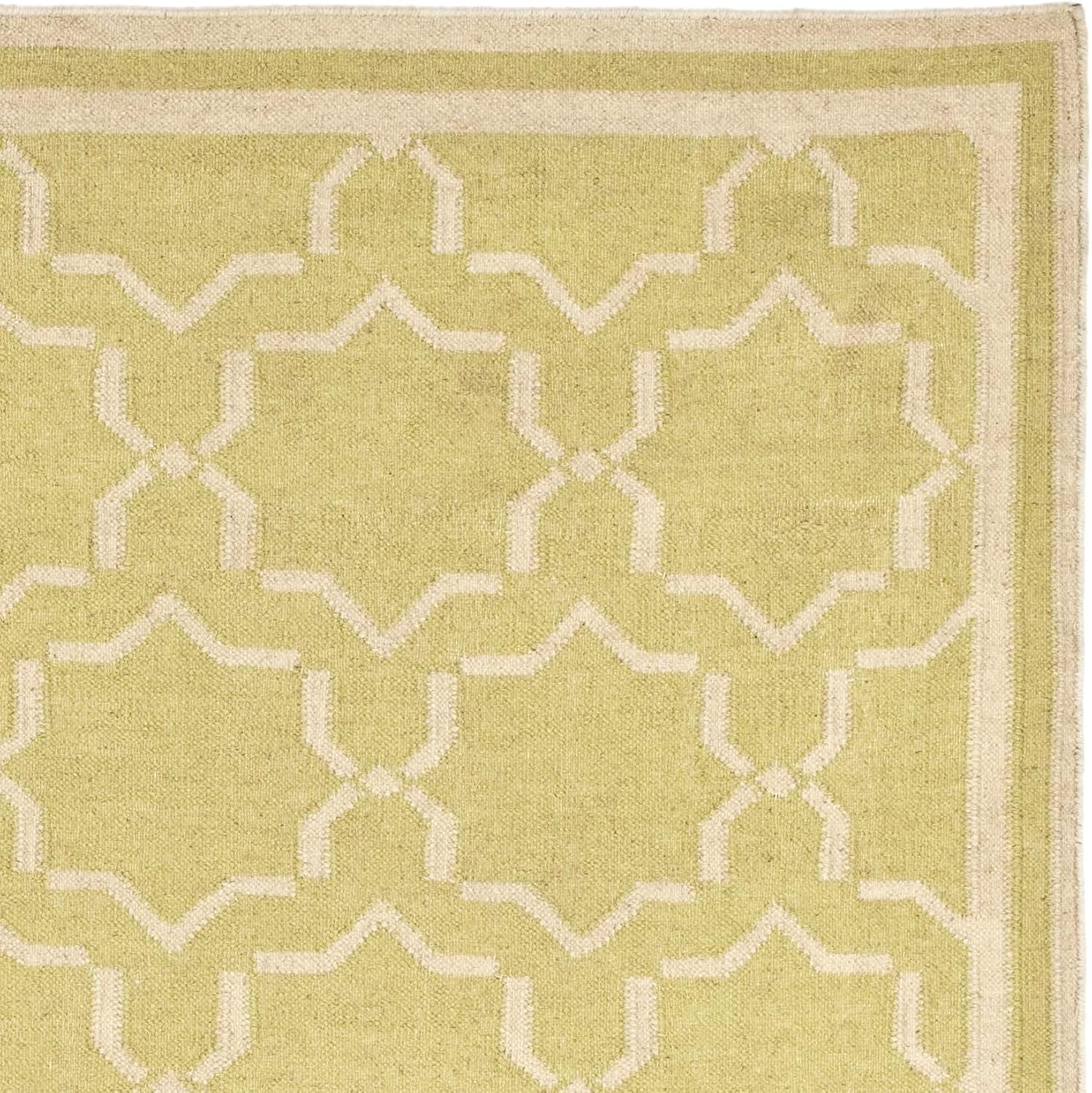 Ivory and Light Green Geometric Wool Square Rug, 6' x 6'