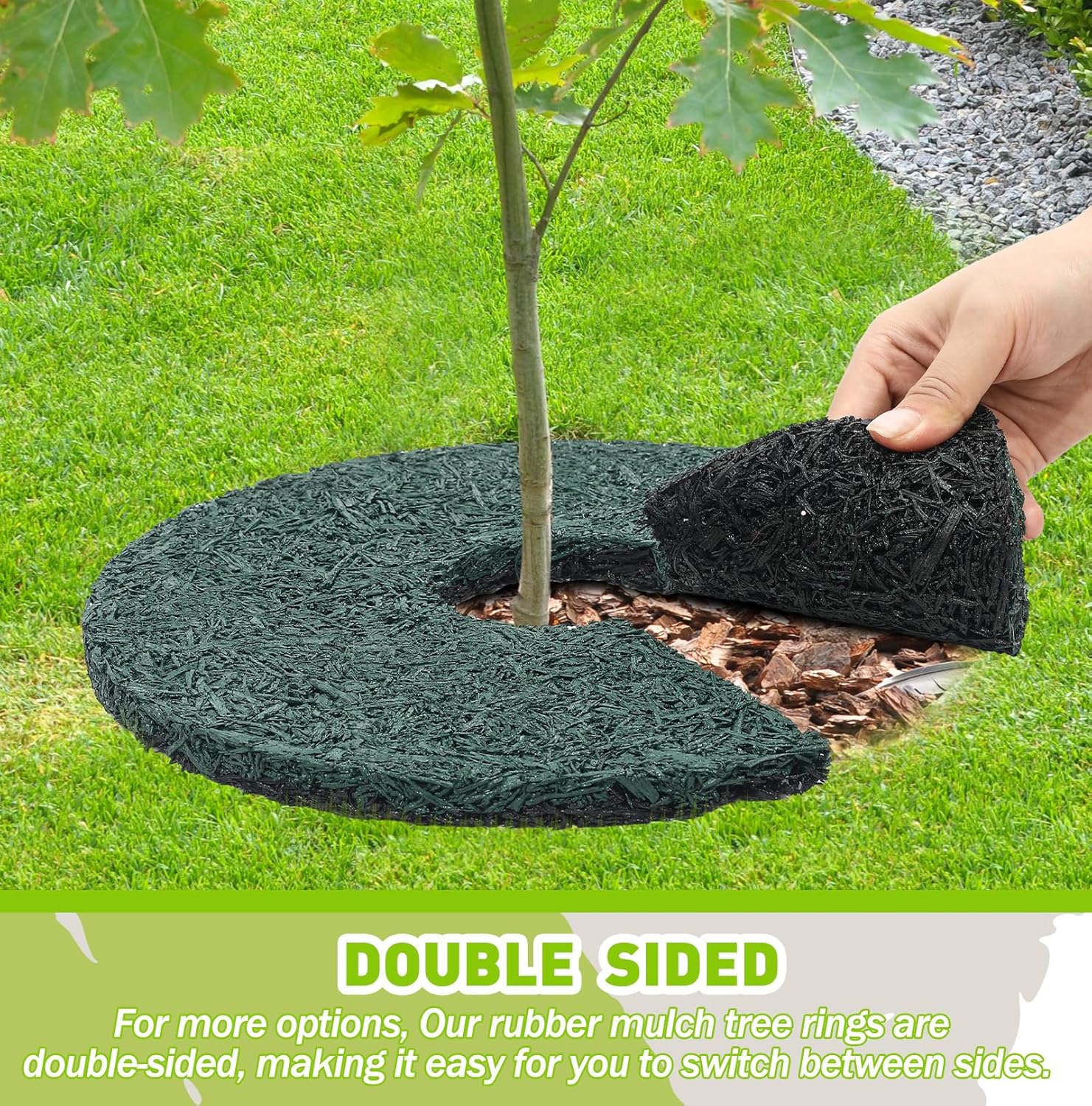 Peryiter 4 Pcs Double Side Rubber Mulch Tree Ring, Heavy Duty Rubber Mulch Mat, Tree Root Protector Mat Reversible Round Root Ring Weed Barrier for Prevent Animal Dig (Green)