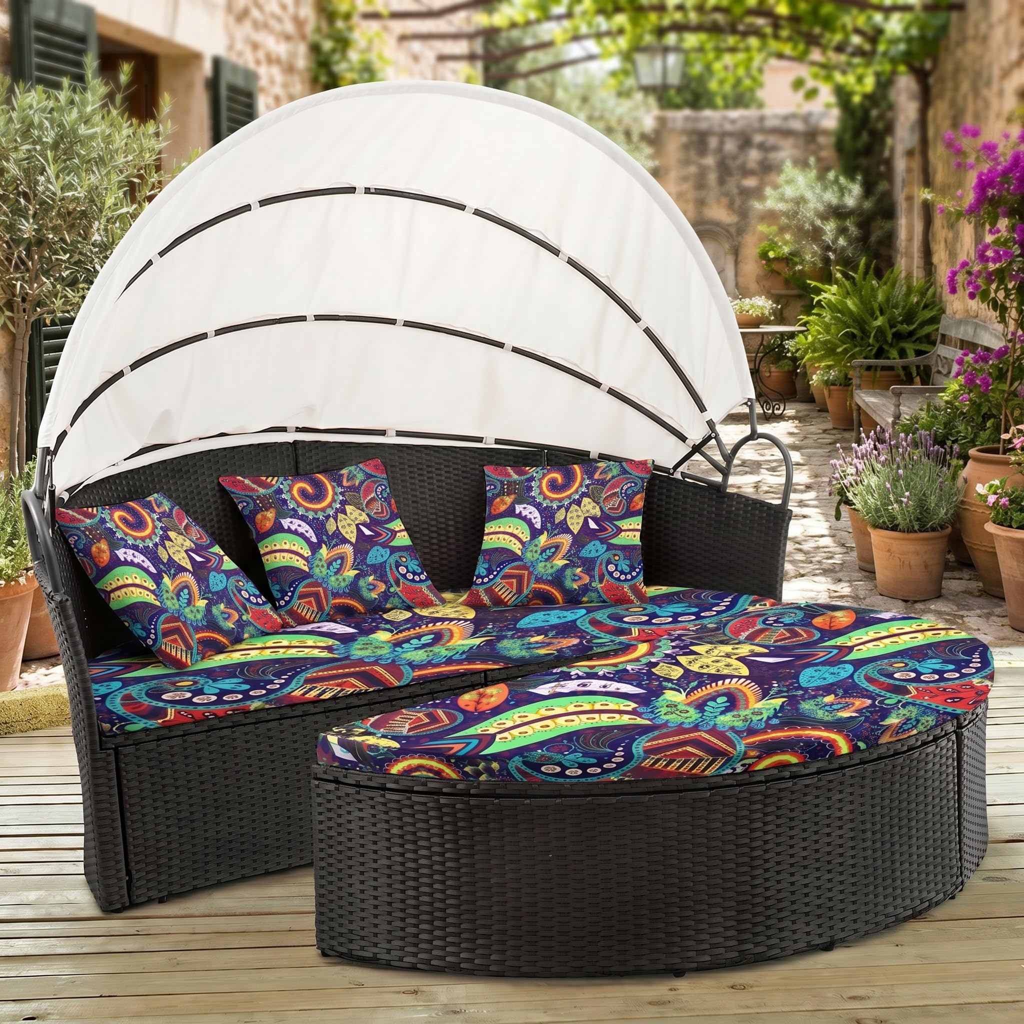LiveGo Housse de coussin de rechange pour lit de jour d'extérieur de 167,6 cm avec bande élastique, housse de coussin de lit rond d'extérieur (fleur D, 2 housses demi-rondes + 3 housses de coussin)