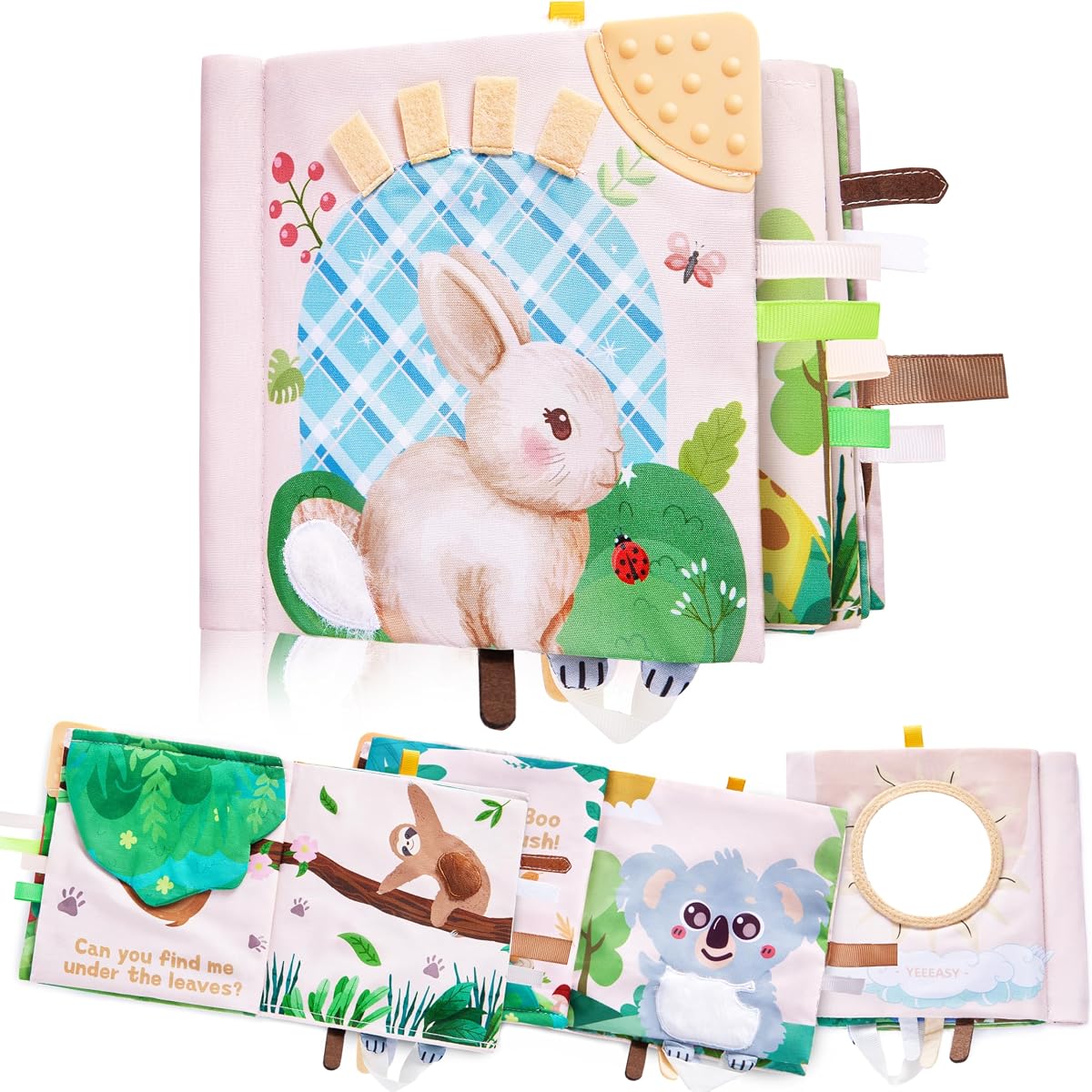 Yeeeasy Libro suave para bebé con mordedor y colas texturizadas 3D, juguetes sensoriales para tocar y sentir arrugas para recién nacidos de 0 a 6 a 12 meses, juguete para cochecito Montessori para niños y niñas