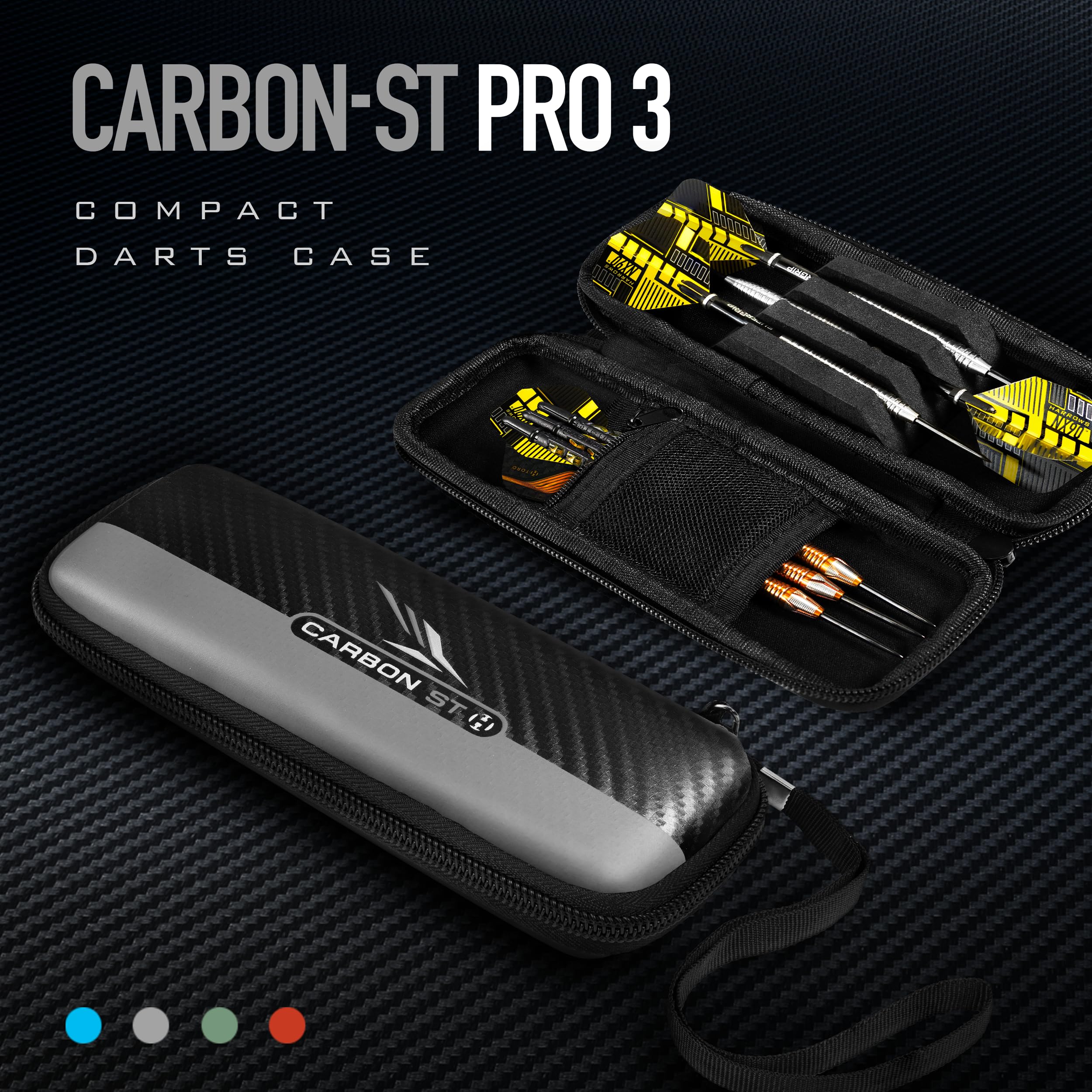 Harrows Carbon ST Pro 3 | Etui na lotki Uchwyt na lotki I Etui na lotki mieści 3 lotki | Materiał ochronny EVA | Profesjonalne akcesoria do lotek I Mieści 3 lotki W pełni zmontowane