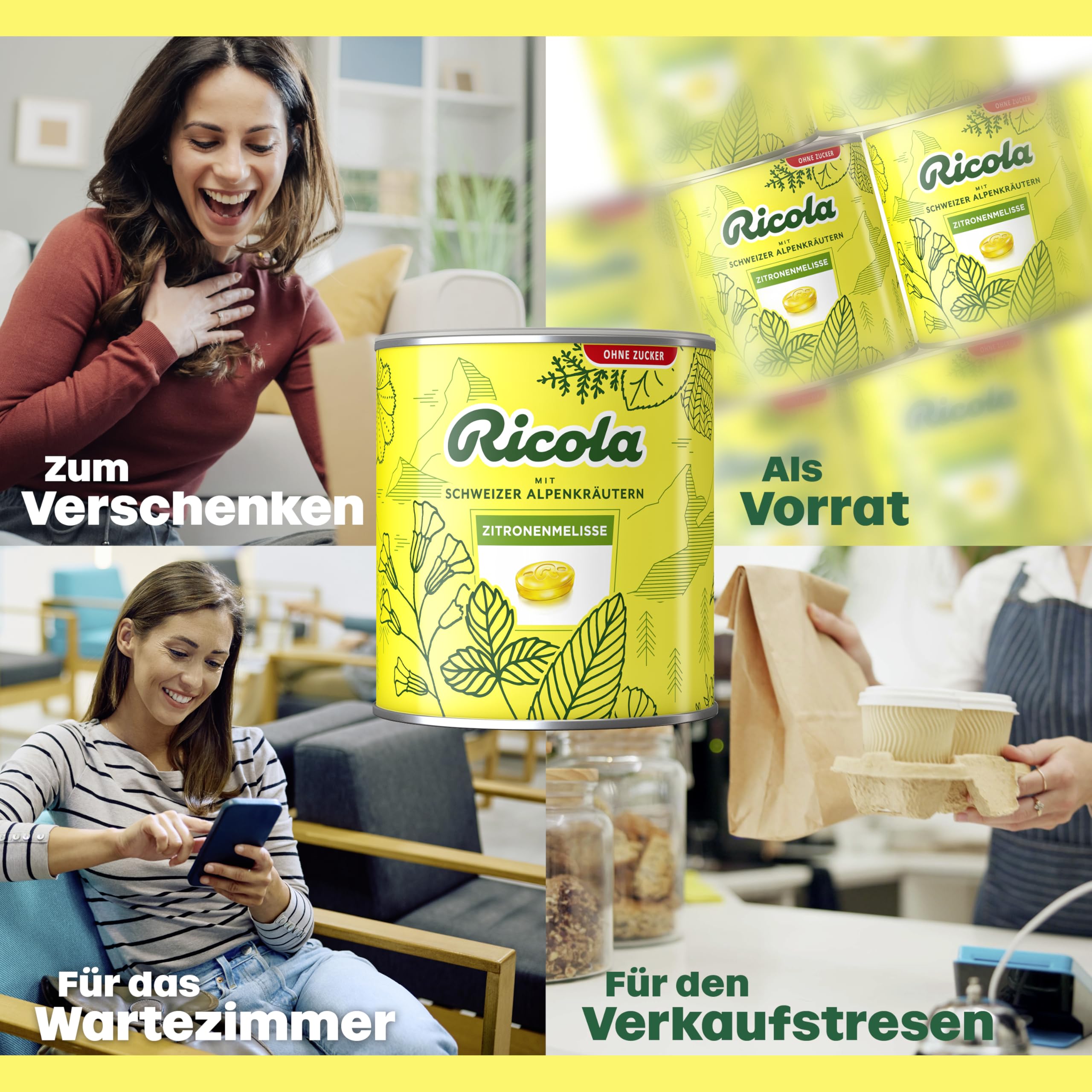 Ricola Riesendose Zitronenmelisse, 277 Original Schweizer Kräuter-Bonbons in der Design-Dose, geeignet als Vorrat & Geschenk, zuckerfrei, 1x1kg, vegan