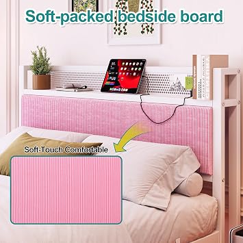 Double Floating Upholstered Bed Frame with Storage Headboard, Pink