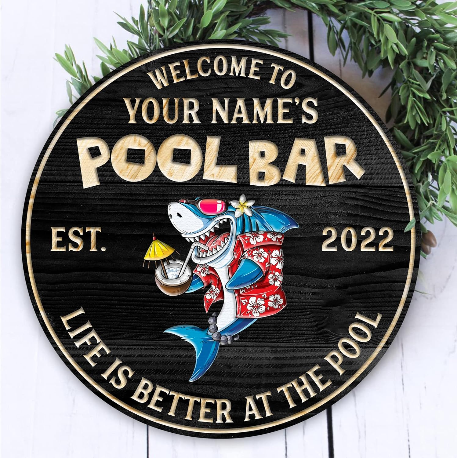 Artsy Woodsy Personalized Pool Decor Wood Sign (Not Carved or Neon) Wall Art Plaque, Tropical Summer Decor, Poolside Area Backyard Bar & Grill Patio Deck Tiki Bar Outdoor Outside Accessories (01)