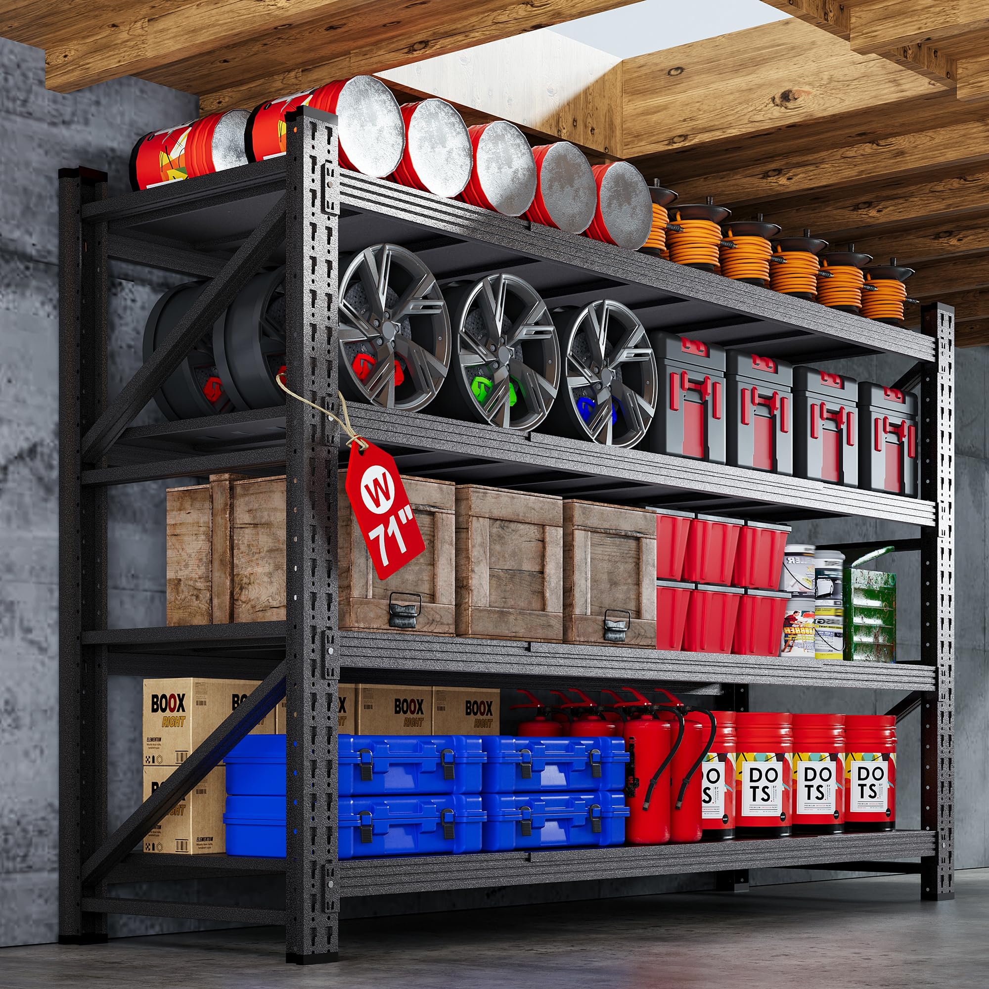 AFAIF 71 inch wide industrial metal shelving rack with adjustable shelves and modular panels in black