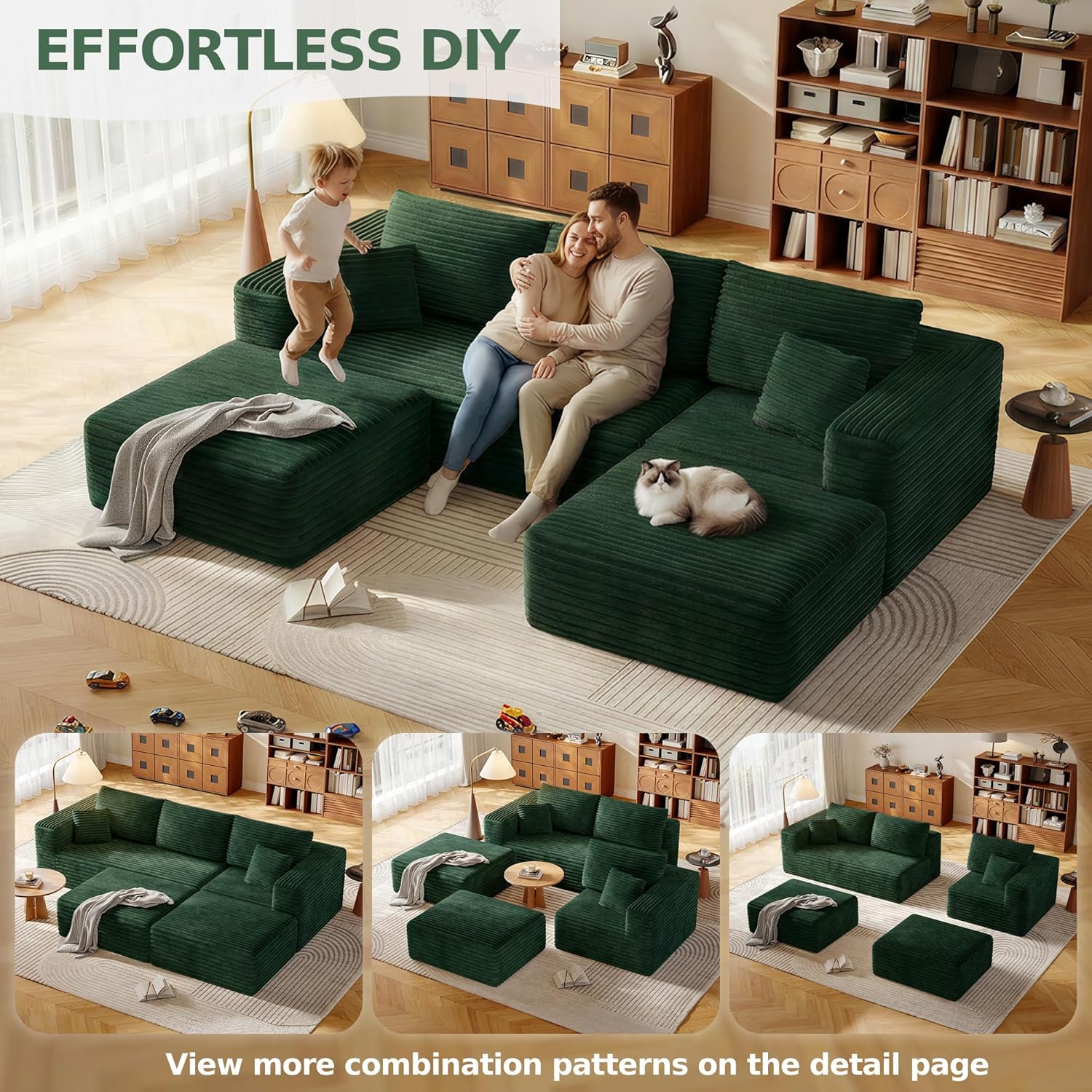 108.2" Modular Sectional Sofa with Deep Seat, Boneless U Shaped Corduroy Couch Modern Comfort, Cloud Couch Oversized for Living Room No Assembly (Green)