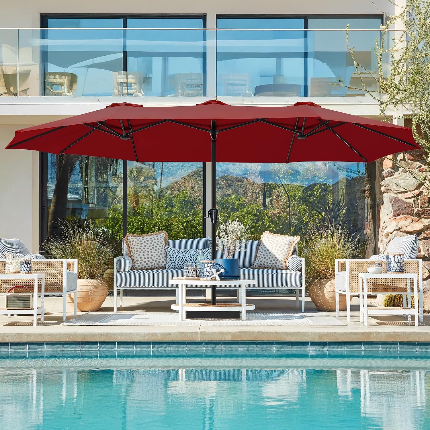 superjare 15ft outdoor umbrella for patio, double sided pool umbrellas with fade resistant canopy, large table umbrella for deck, market, backyard - burgundy(no base) burgundy 15ft