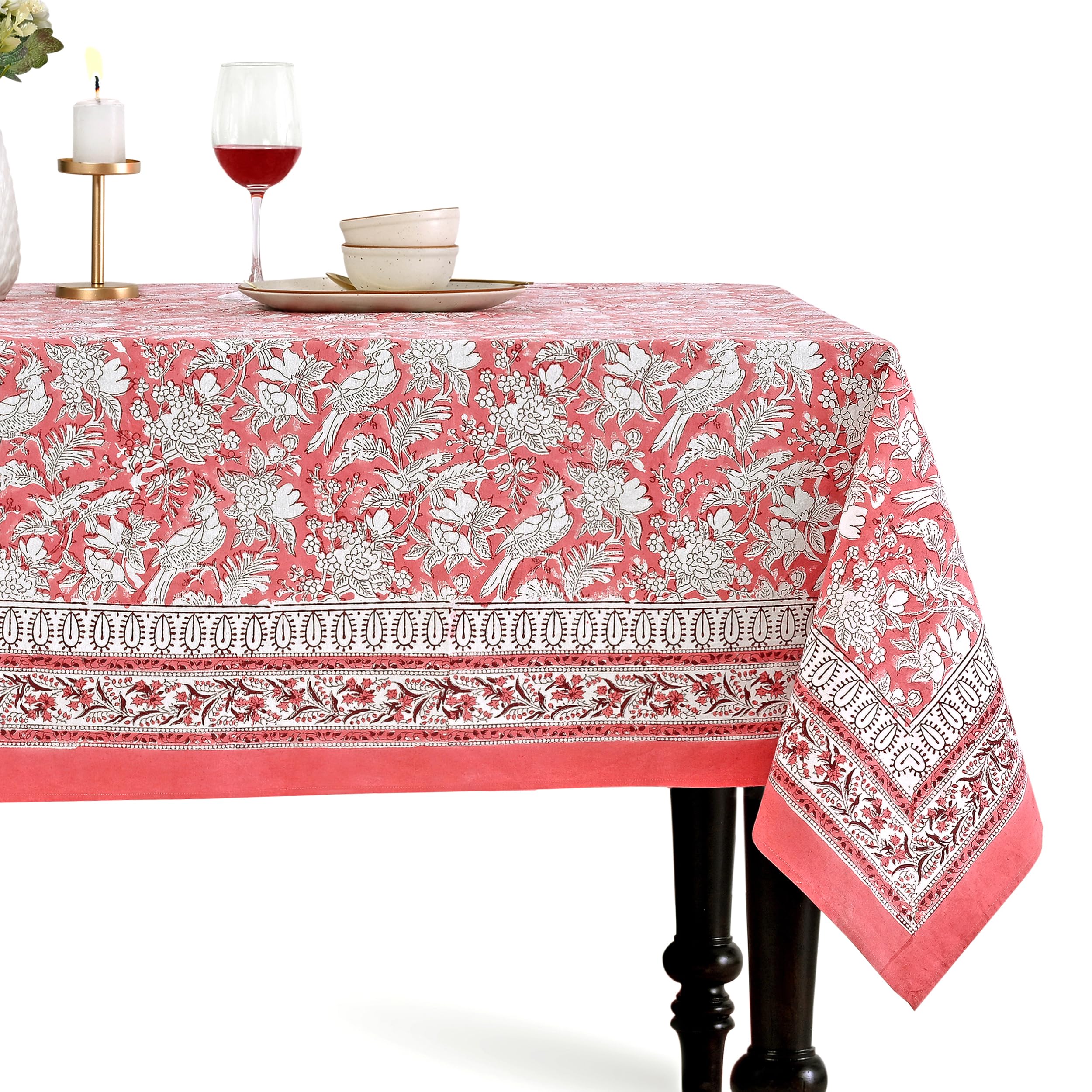 CPC COTTON PRINT CLUB Nappe Indienne 6 Places 152,4 x 228,6 cm 100% Pur Coton, Rouge Rubis Indien, imprimé à la Main