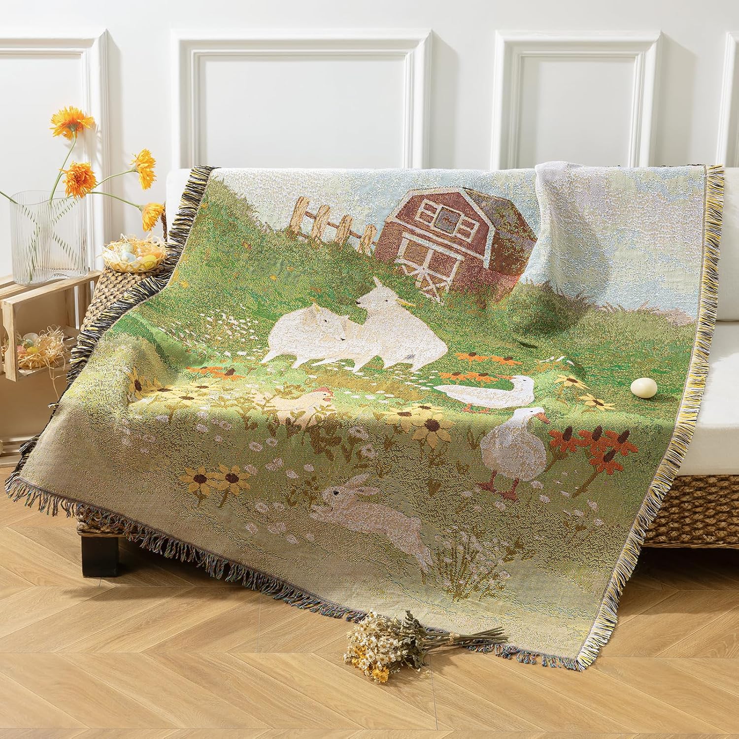 Phantoscope Spring Summer Throw Blanket, Jacquard Knitted Decorative Blanket with Tassels, 50"x60" Farmhouse Tapestry, for Mom, Couch Living Room Bedroom, Green