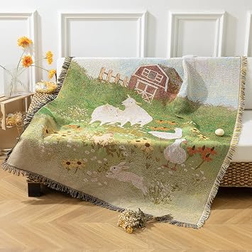 Phantoscope Spring Summer Throw Blanket, Jacquard Knitted Decorative Blanket with Tassels, 50"x60" Farmhouse Tapestry, for Mom, Couch Living Room Bedroom, Green