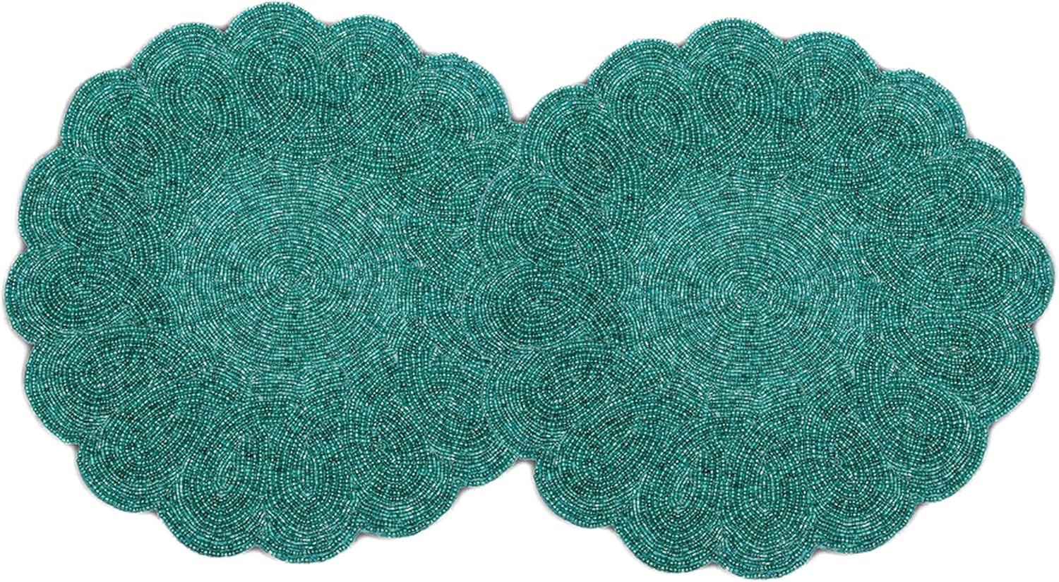 Lightnpro Beaded Placemats Set of 2-13 Inch Round Scalloped Handmade Charger Placemats - Decorative Table Mats for Dining Table - Handcrafted by Artisans - Elegant Table Décor - Teal Color