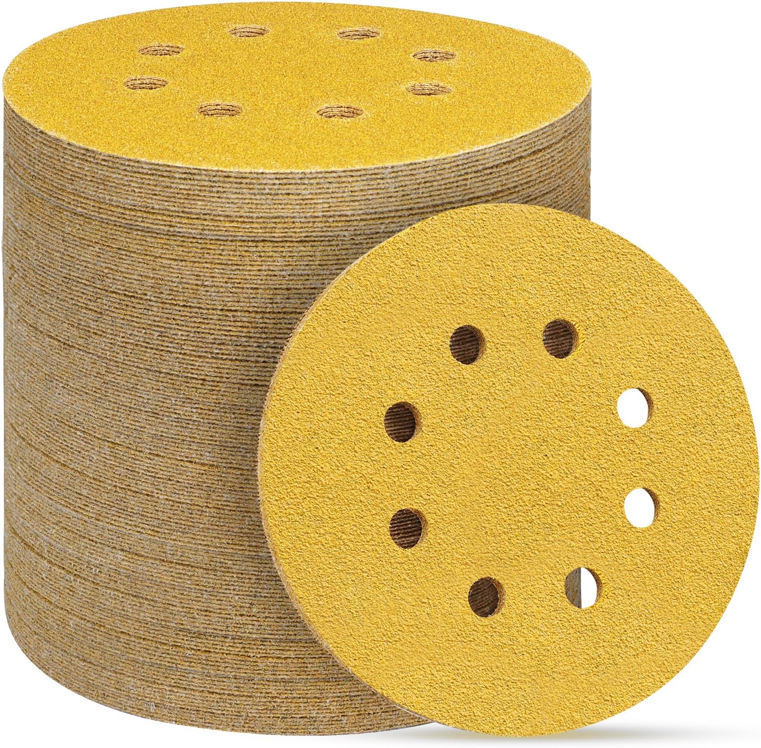 100PCS 5 Inch 8 Hole Sanding Discs 60 Grit,Gold Round Hook and Loop Sandpaper for Random Orbital Sander