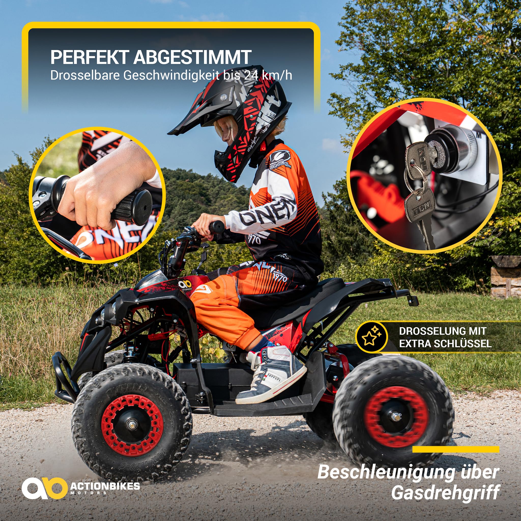 Actionbikes Motors Kinder Quad Elektro ATV Reneblade | 𝟒𝟖 Volt 𝟭𝟬𝟬𝟬 Watt Motor bis 𝟐𝟒 km/h - Kinderquad - Pocket Quad - Miniquad - Safety Fußschalter - Für Kinder ab 8 Jahren (Schwarz/Rot)