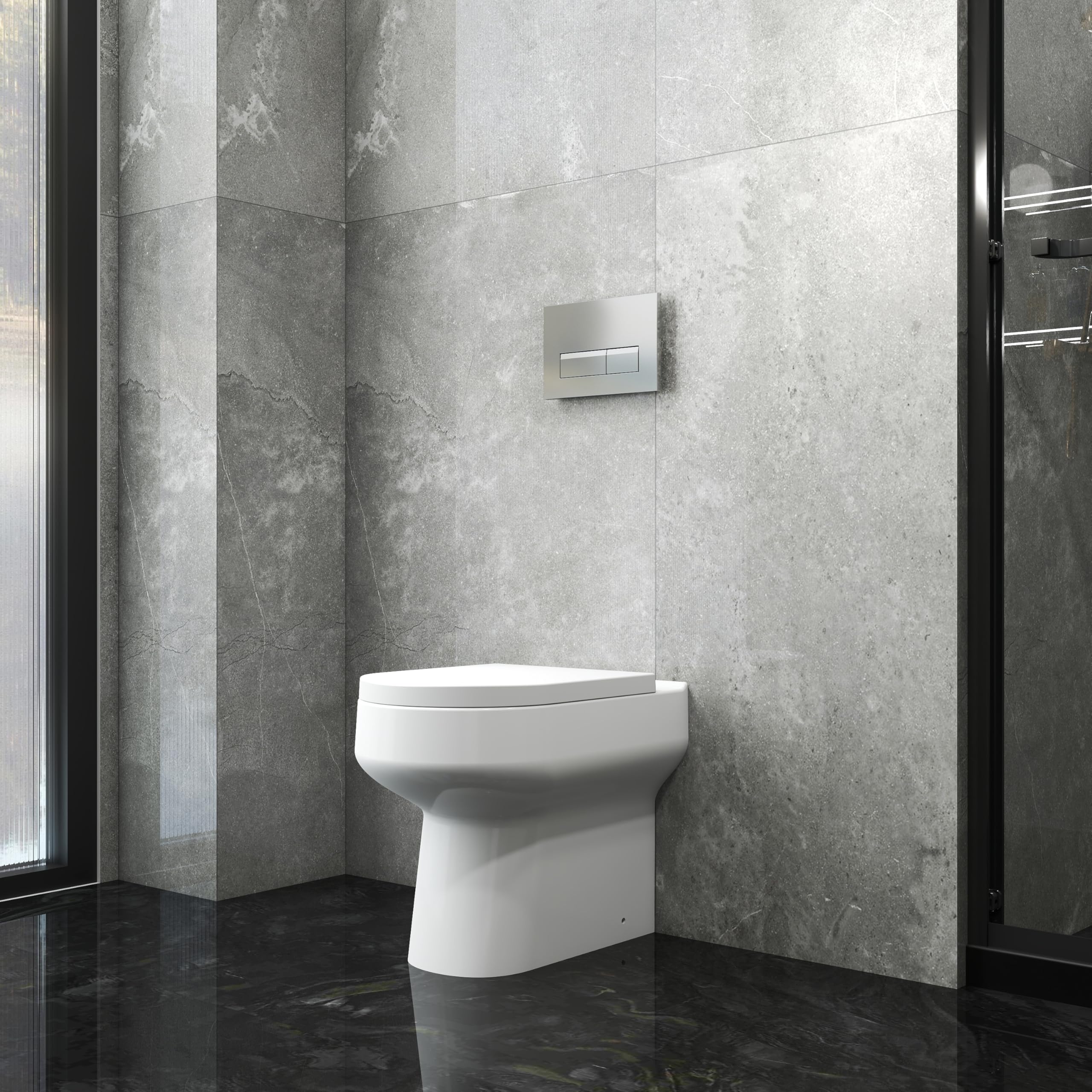 Bathroom Back to Wall BTW Toilet Round Pan Cloakroom Space Saving Soft Close Seat Modern White Ceramic WC