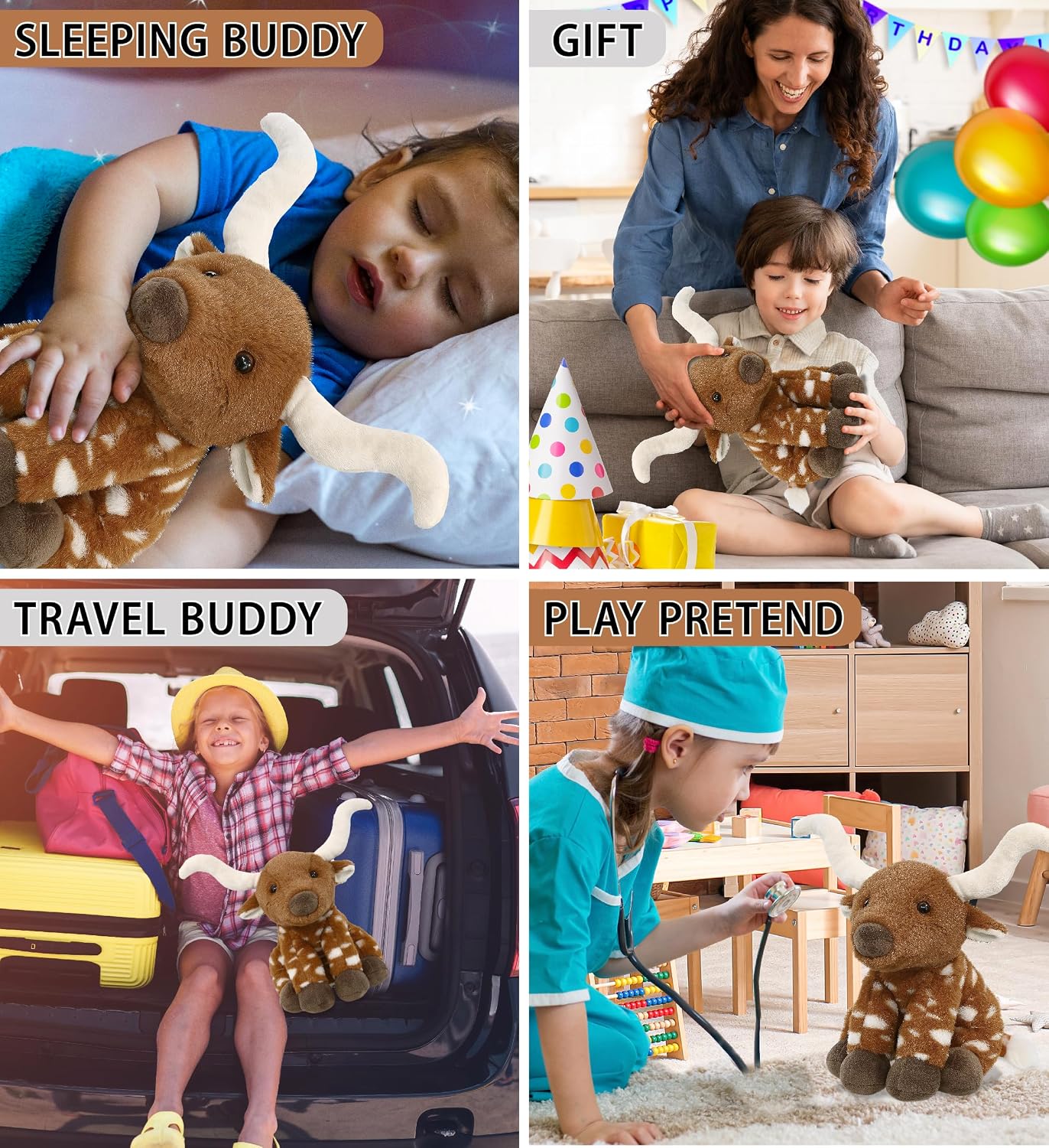 DolliBu Floppy Longhorn Super Soft Stuffed Animal, Cute Realistic Stuffed Animals for Girls, Boys, Adults Animal Gifts, Kids Zoo Farm Nursery Decor for Newborn, Cuddly Soft Baby Plush Toys - 10 Inches
