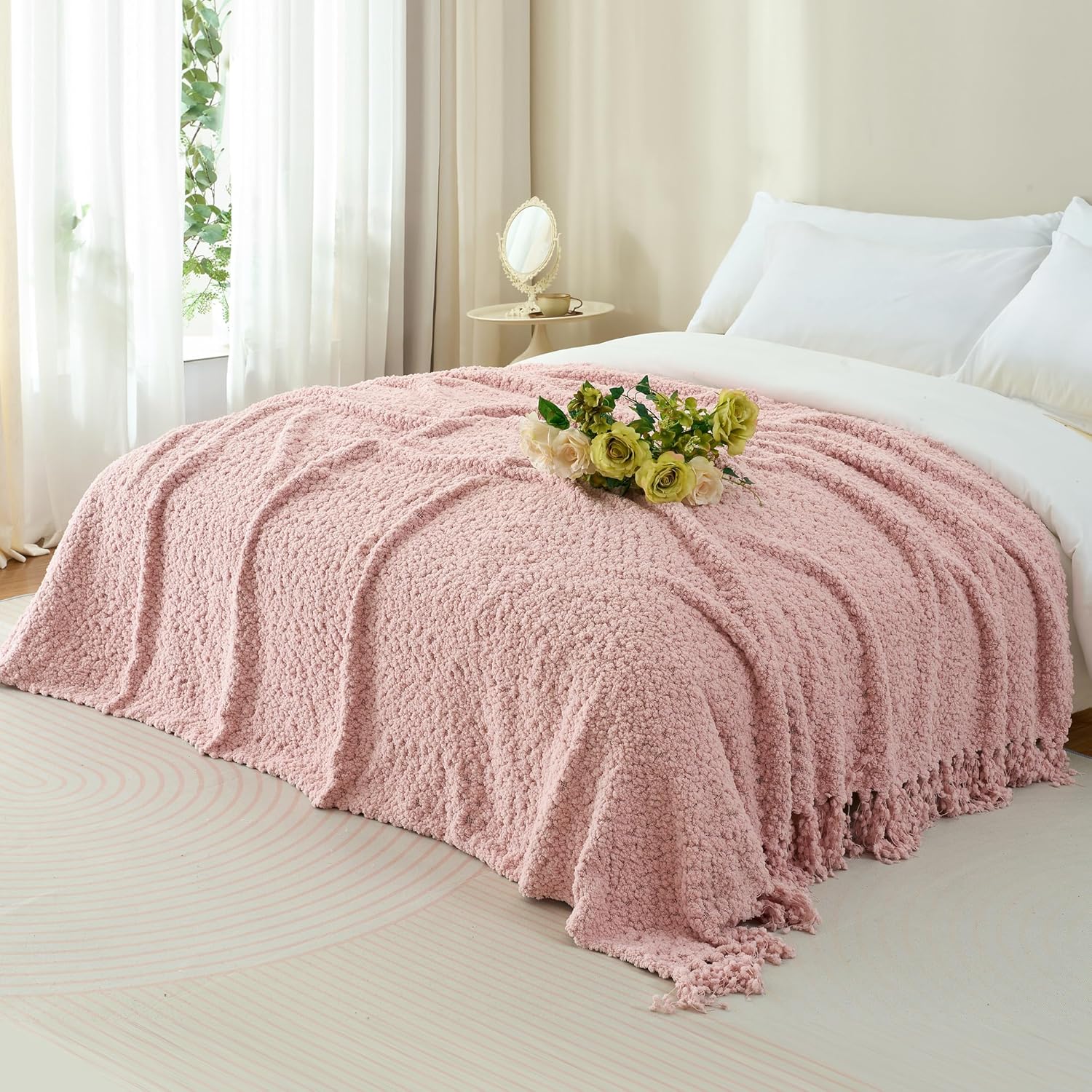Throw Blanket for Couch, Dusty Pink Luxury Knitted Throws 50"x60", Textured Blankets with Handmade Fringe Tassels for Bed Sofa Decorative, Chunky Soft Farmhouse Boho Home Decor - Image 2