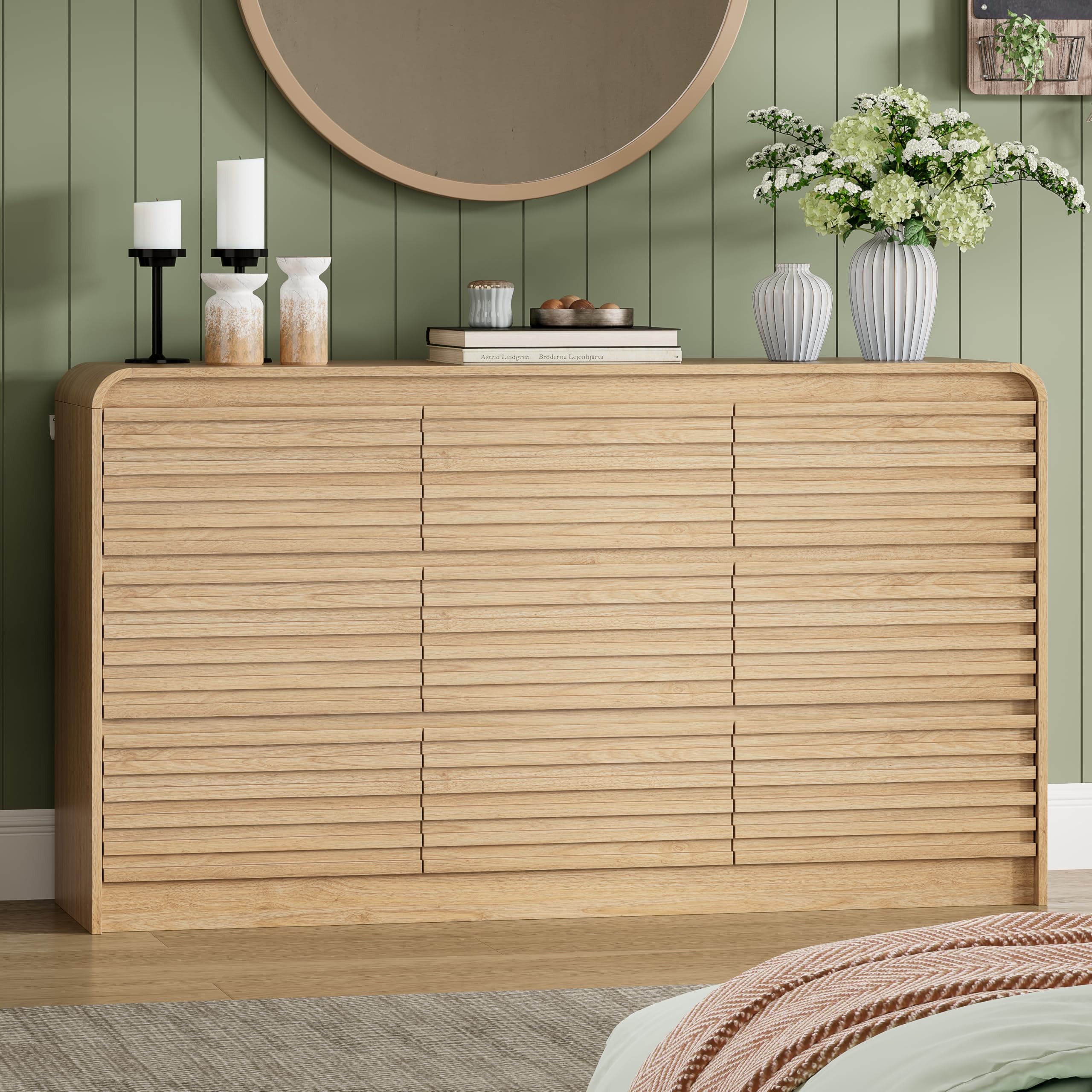 9 Drawer Dresser for Bedroom,59" Wide Fluted Dresser with Curved Edge and Ergonomic Handleless, Large Wooden Clothes Storage Organizer, Modern Chest of Drawers for Closet, Living Room, Natural Wood