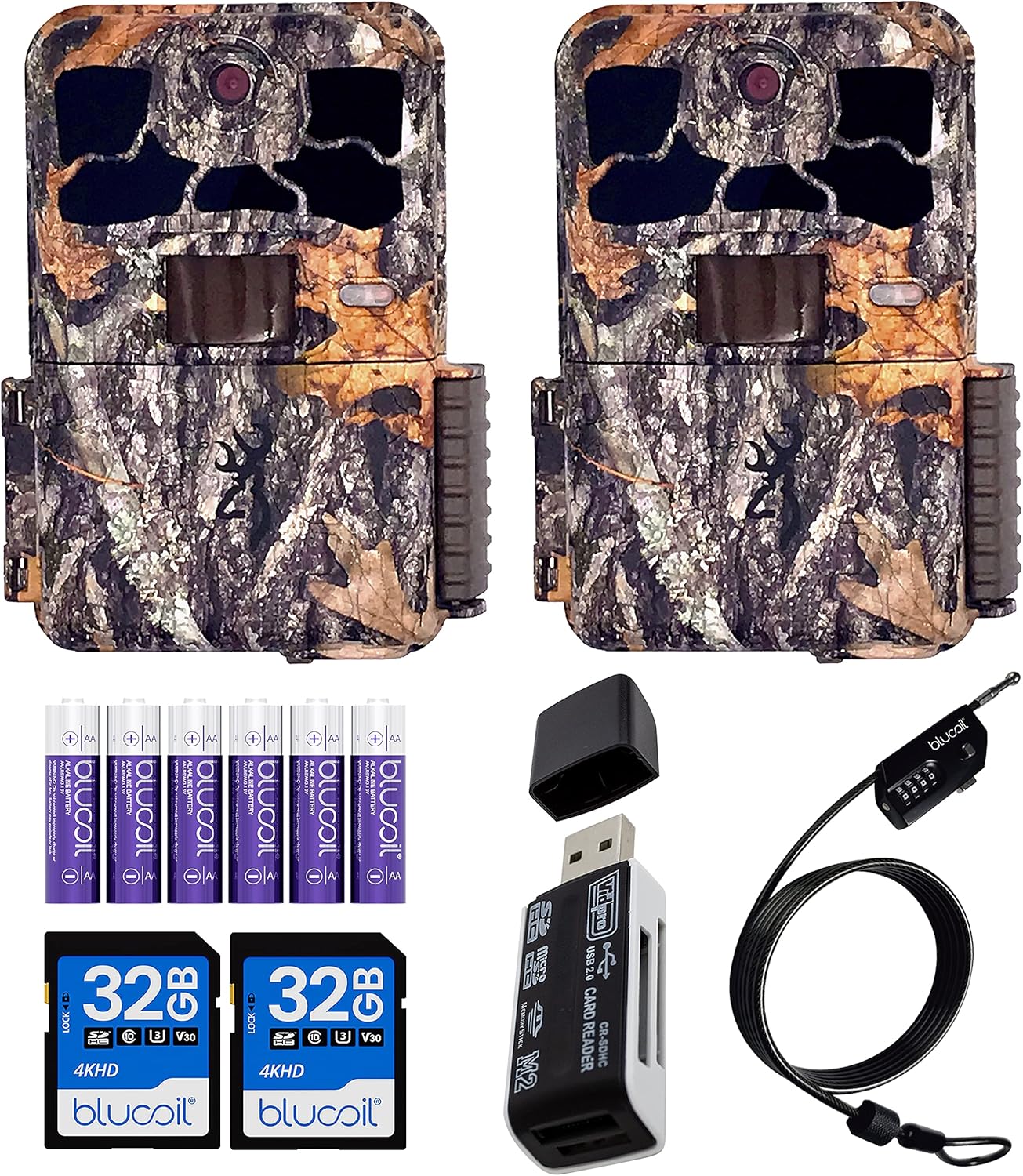 Two Browning Spec Ops Elite HP4 Trail Cameras with included accessories: Blucoil AA batteries, Blucoil 32GB SD cards, a Blucoil combination cable lock, and a VidPro USB 2.0 card reader.