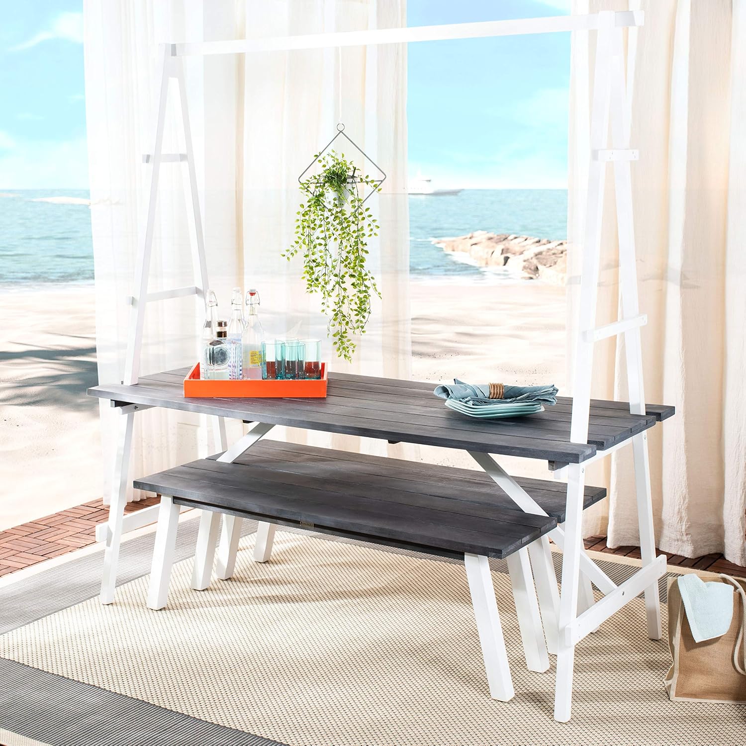 SAFAVIEH PAT6761A Outdoor Collection Willamy Natural and White 3-Piece Dining Set