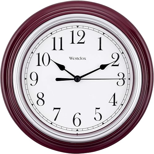 Miniatura 3 de Westclox Reloj de pared redondo con movimiento de cuarzo, diseño analógico contemporáneo, funciona con pilas para uso en interiores (borgoña, 9